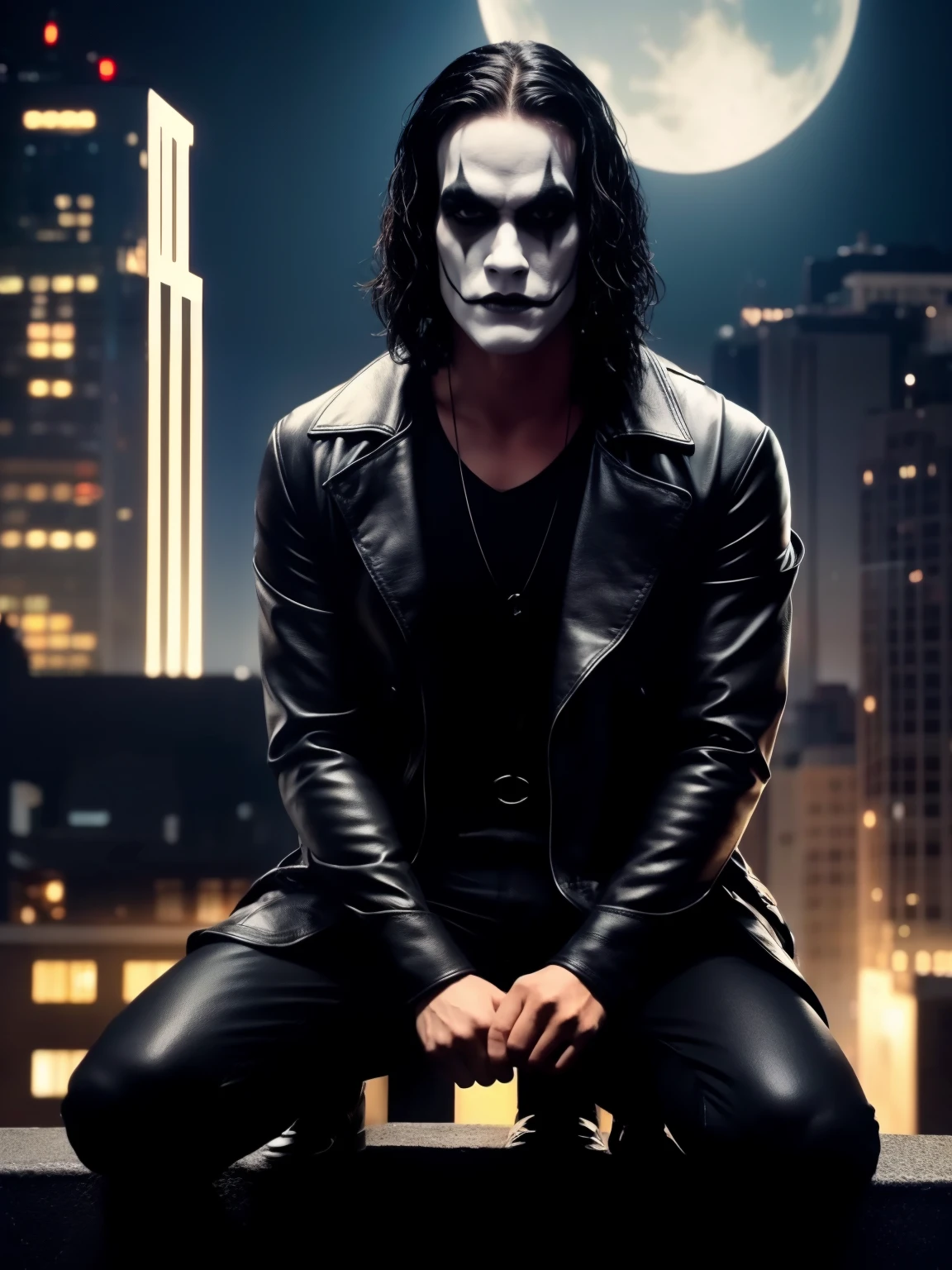 A hyper-realistic cinematic image of The Crow crouched on top of a building.  (( The Crow V.IT Face, White face with black makeup )), The building is a dark concrete skyscraper with illuminated windows and street lights. The Crow is wearing a blackblack overcoat, and black boots. He has long black hair, white face with black makeup. Wearing a The Crow Costume. He is crouched in a fighting stance, with his fingers clenched into fists. A black raven sits on his shoulder, looking at the horizon. The full moon is shining in the sky, illuminating the scene with a soft, bluish light. meticulous, elaborate, complex, sophisticated, refined, exquisite, delicate, precise, accurate, high resolution, pixels, DPI, saturation, contrast, HDR, cinematic lighting, shadows, reflections, special effects. DETAILED FACE, intricate. ((Black Background))