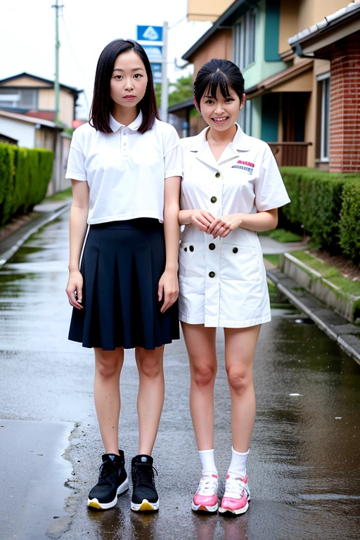 Two women standing on a wet street with a golf cart,White Long Down Vest、 yoshitomo nara and aya takano, 🚿🗝📝, Ayami Kojima and Ride Caldwell, Kogyokuboshi and Takano Aya, 1st place winner, fujita goro and jones, with two characters, 🤬 🤮 💕 🎀, Ayaka, tsutomo nihie