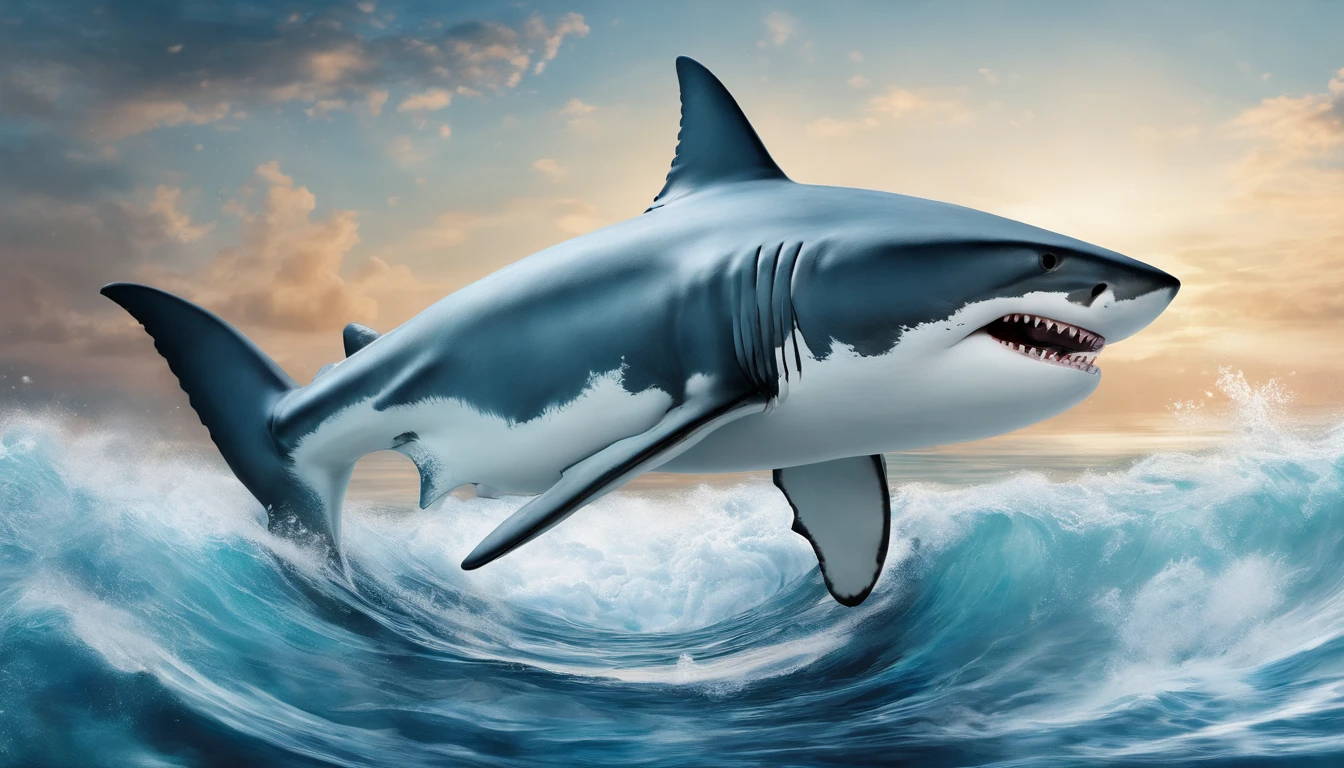 great white shark，ice and snow，Frontal with mouth wide open，Very impactful，best quality，Super fine details