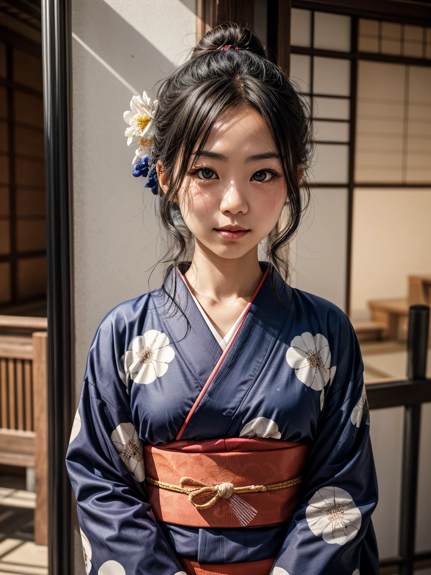 an abstract portrait of a japanese girl in kimono, centered around polka dot theme