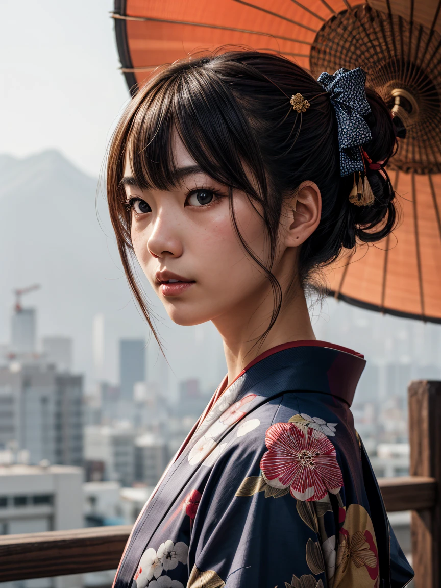 an abstract portrait of a japanese girl in kimono, centered around polka dot theme
