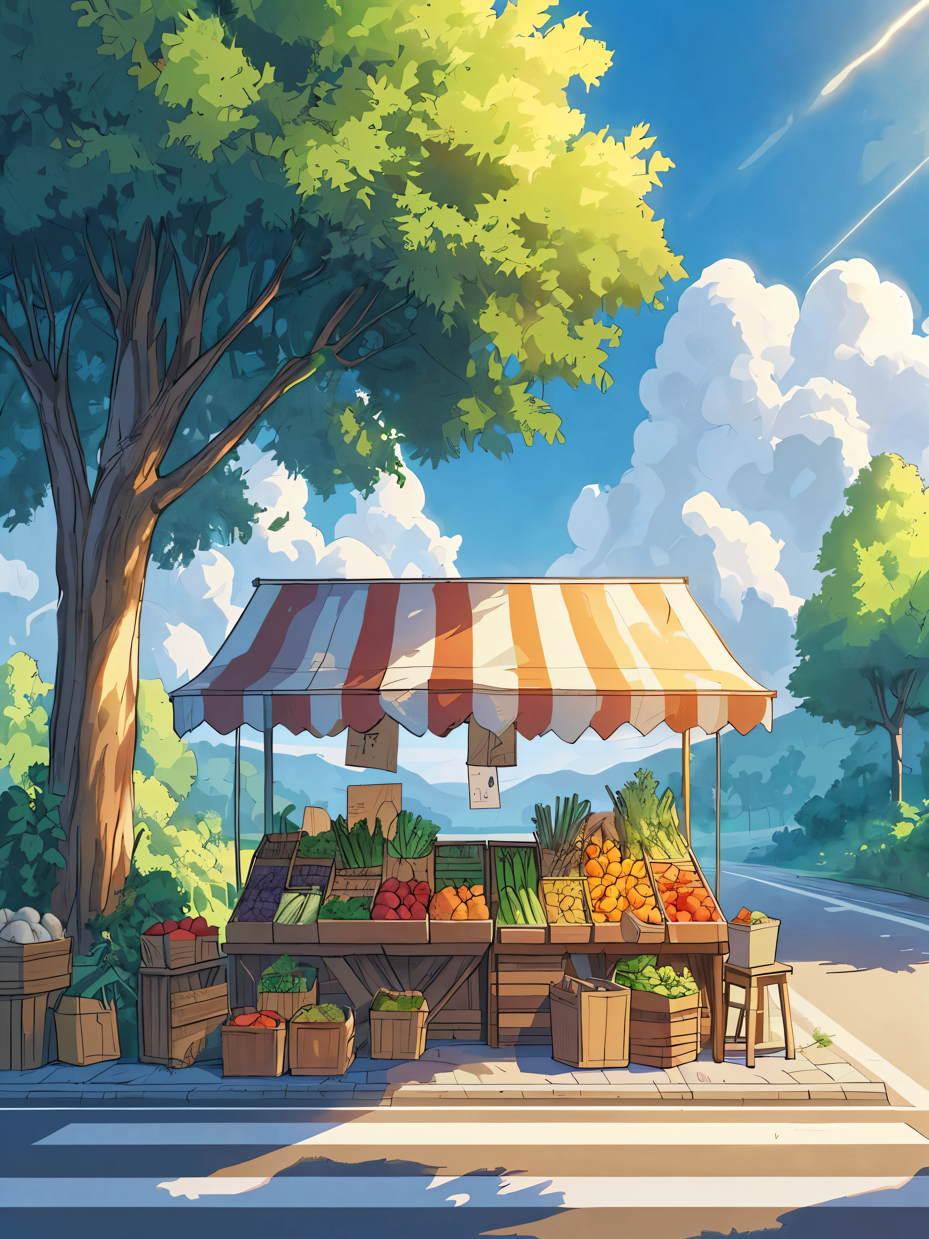 Draw an anime simple scene of vegetable stall under a tree on an empty road, trees, sunny day, lofi vibe, blue cloudy sky, beautiful color palette, vibrant color tones