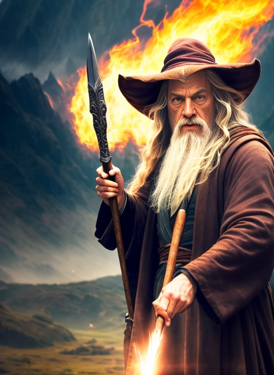 Model shooting style, (extremely detailed 8k wallpaper),Panoramic photo of Gandalf casting a spell, complex, high detail, dramatic, dream world, Excellent location, skin pores, very dark lighting, Heavy shadows, detailed, detailed face, (energetic, photo actual, actual, dramatic, dark, sharp focus, 8k), lord of the ring, far away,