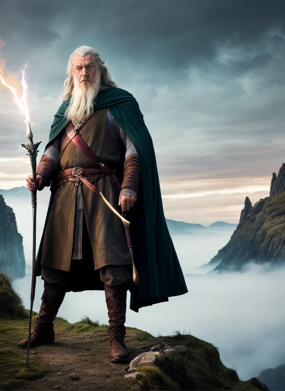 Model shooting style, (extremely detailed 8k wallpaper),Panoramic photo of Gandalf casting a spell, complex, high detail, dramatic, dream world, Excellent location, skin pores, very dark lighting, Heavy shadows, detailed, detailed face, (energetic, photo actual, actual, dramatic, dark, sharp focus, 8k), lord of the ring, far away,
