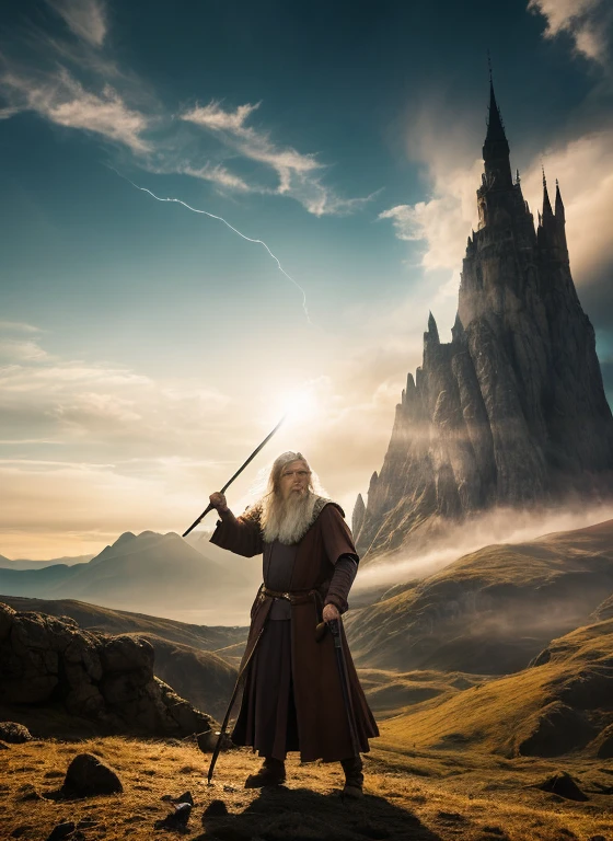 Model shooting style, (extremely detailed 8k wallpaper),Panoramic photo of Gandalf casting a spell, complex, high detail, dramatic, dream world, Excellent location, skin pores, very dark lighting, Heavy shadows, detailed, detailed face, (energetic, photo actual, actual, dramatic, dark, sharp focus, 8k), lord of the ring, far away,