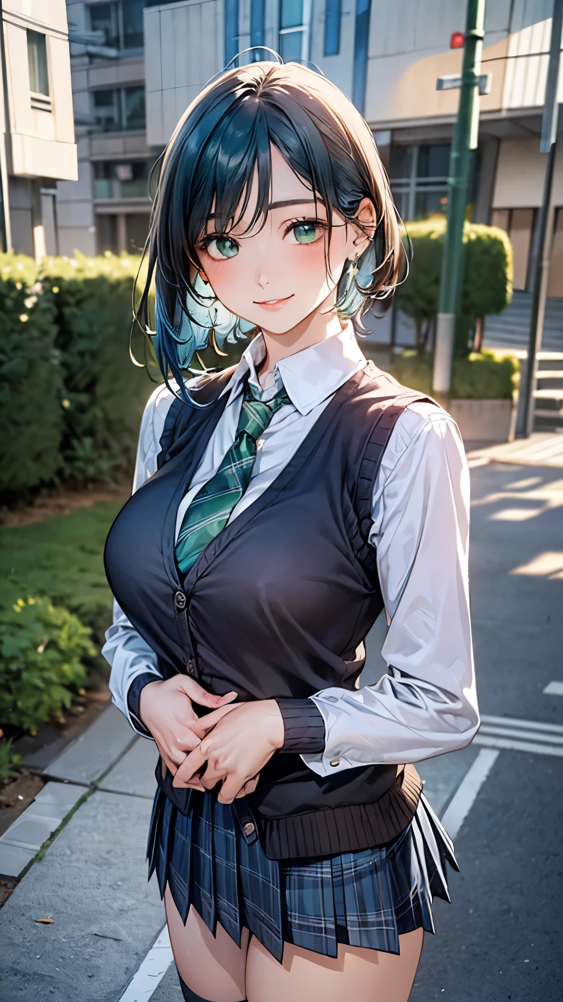 (masterpiece:1.2, top-quality), (realistic, photorealistic:1.4), beautiful illustration, (natural side lighting, movie lighting),
looking at viewer, cowboy shot, front view:0.6, 1 girl, japanese, high school girl, perfect face, cute and symmetrical face, shiny skin,
(short hair:1.7, straight hair:1.5, sidelocks, blue hair), parted bangs, emerald green eyes, long eye lasher, (large breasts:0.9, thick thighs),
beautiful hair, beautiful face, beautiful detailed eyes, beautiful clavicle, beautiful body, beautiful chest, beautiful thigh, beautiful legs, beautiful fingers,
((light blue long sleeve collared shirts, blue plaid pleated mini skirt, socks, brown loafers, dark green tie, black cardigan vest)), pink panties,
(beautiful scenery), evening, riverside, walking, hands on chest, (lovely smile, upper eyes),