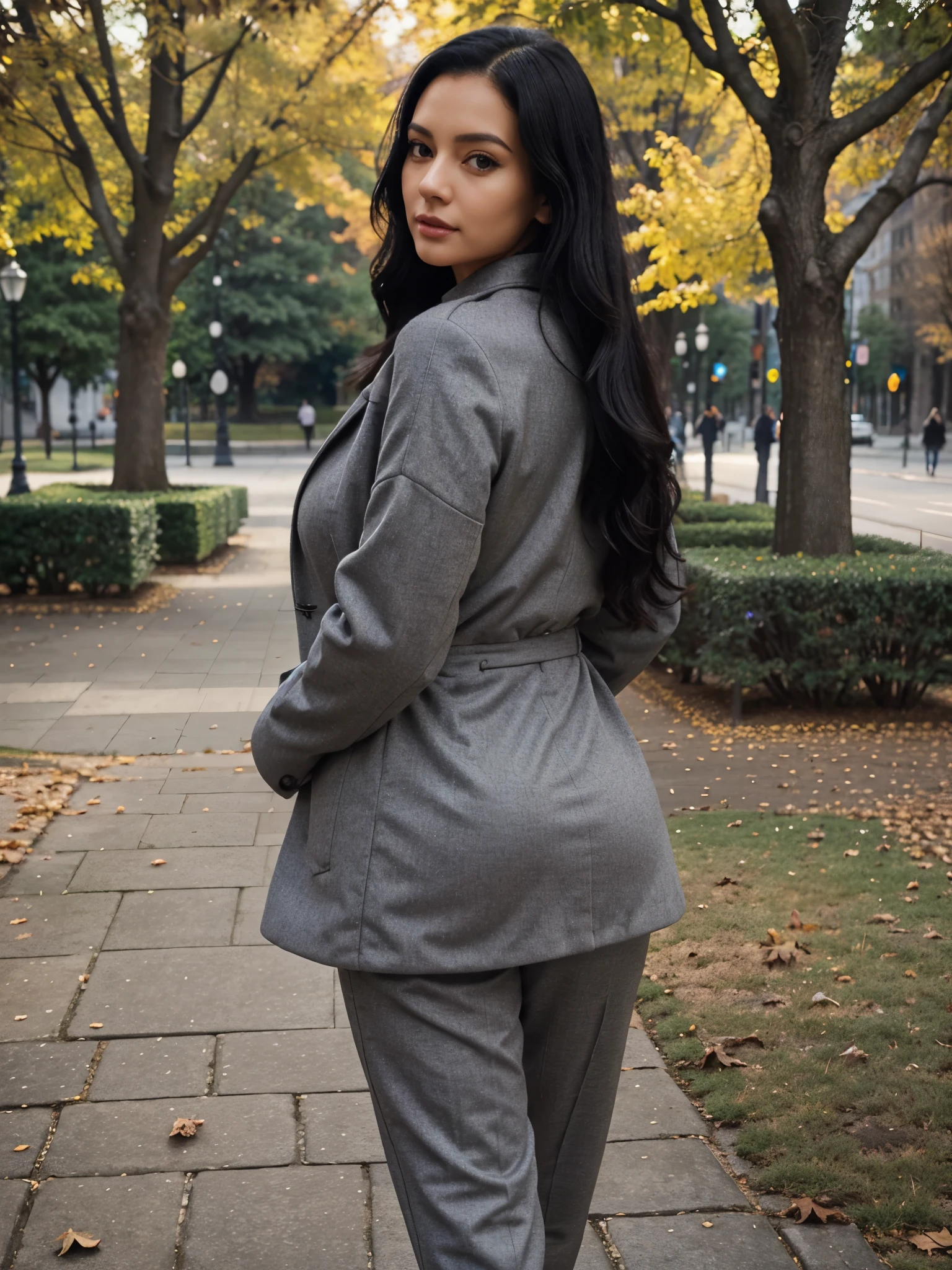 Woman walking in the park. Close photo. Long black hair. Wearing grey coat, trousers and pulover. Autumn. Busty and big ass. Perfect body anatomy. Photorealistic. Realistic colors. Realistic lights. Masterpiece. Realistic anatomy. Highly detailed. Realistic details. High quality.