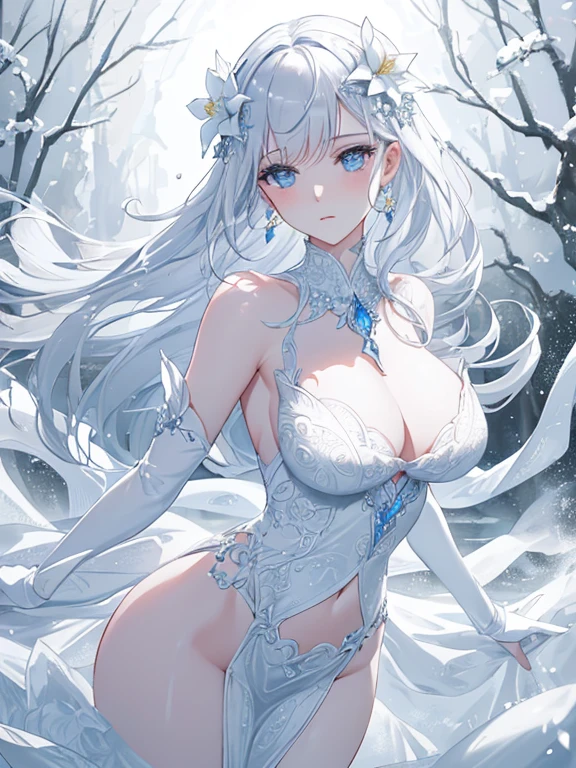Paradise in Heaven, White lighting,(muste piece), (best quality), (cinematic), 8K, (art station),(長いwhite hairとSilvery eyesを持つ1人の女), (beautiful delicate face)、[Frozen trees々], [landscape crystal], [lighting], [Ethereal Atmosphere:1.1], [fantasy, short story] ,[soft なlighting] 、(+cinematic shot:1.2)、 [+art station] 、[+luminous white background] 、 [soft glow] 、(Creative and dynamic angles:1.3), [+Crystal Toning] 、muste piece, very detailed, Super detailed, solo, (pale skin), Silvery eyes, white hair, (snow background), (snowflake rosen flower:1.0), (shining crystal), (Snowy ground), (White lashes), sexy woman、dreamy and detailed, Gorgeous setting, 妖しい雰囲気 muste piece, The most beautiful scenes, majestic、(((full of white flowers)))、quiet and serene atmosphere、attractive, all white tones,Inside the crystal library,Transparent flowers and falling snow，Many white roses are planted,(water flowing,waterfall,water bloom),The decoration is also carefully done.,dream（very detailedです，creative design，crisp and precise lines，K HD，best quality，master piece，超High resolution，In 4K）、Diverse poses、((beautiful white flower hair ornament))、beautiful hairstyle、(best quality, In 4K, 8K, High resolution, muste piece:1.2), Super detailed, detailed expression, graceful posture, expressive brush strokes, mysterious atmosphere, artistic interpretation,Delicate floral jewelry， (((Detailed design、beautiful transparent dress、Sheer sexy dresses)))、(SFW:1.5), (oversized breasts, best body proportions, proportions of large breasts,:1.5),(white decoration on thigh)、((Beautiful crystal accessories on the legs))。((Beautiful crystal accessories on the arm))