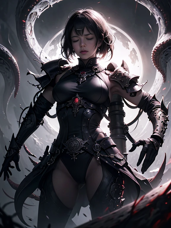 (best quality,8k,ultra-detailed),masterpiece,amazing details,illustration,high resolution,8k,Buddha,nimbus of Buddha,Buddhist backlight,closed eyes,biotechnology,created by flesh,flesh,blood and tears,many eyes staring at the body,horror,crazy,twisted,crawling,many hands behind,tentacles,enormous,full body,contrast of light and shadow,thrown from below,dark fantasy,dark atmospheric,grayish,realistic,photo-realistic,fine textures,blood crystalline,layers of depth
