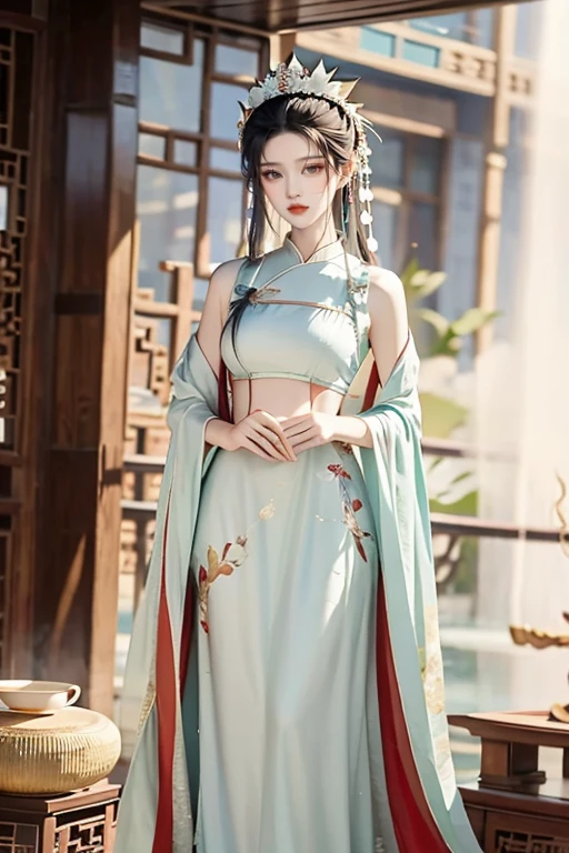 Full body of a long-haired woman wearing a dress, Court ， A girl wearing Hanfu, Ming Hanfu, Chinese style, beautiful fantasy queen, beautiful figure painting, Inspired by Lan Ying, ((beautiful fantasy queen)), traditional Chinese, hanfu, Chinese girl, ethereal beauty, nice images, traditional beauty, Gorgeous Chinese model