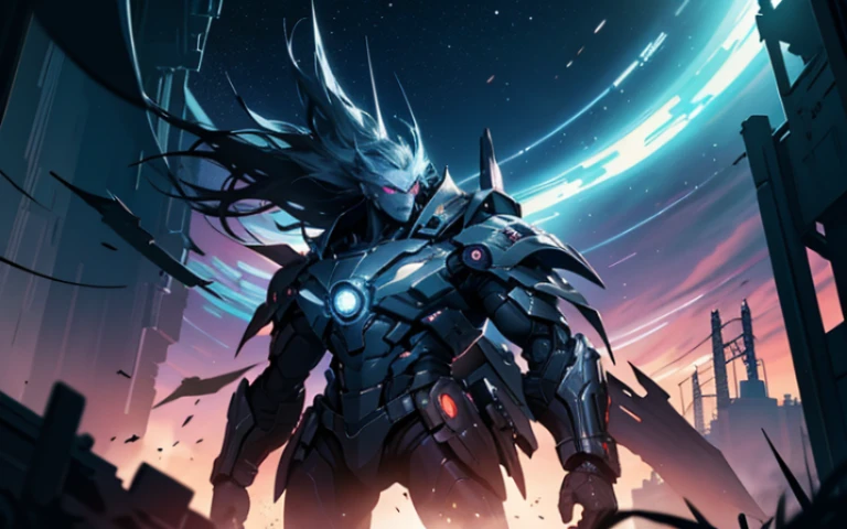 Cross-border battle scene, science fiction scene, Gorgeous damage, Parallel perspective, There is a picture of a spaceship, cyberpunk, shattered, has a very light effect, There is a wide horizontal glass background, magical background, arena background, Game background, exaggerated darkness, cartoonish style
