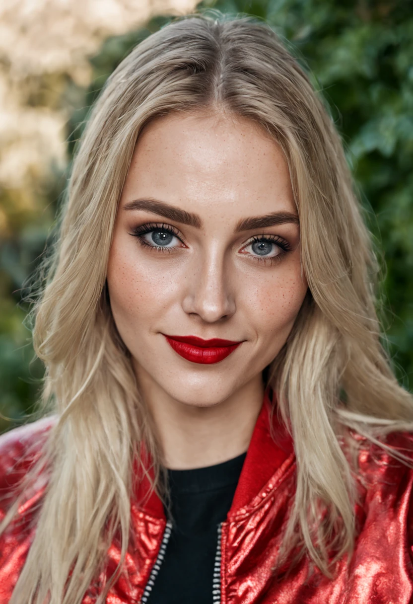ultrarealistic high quality photo of a beautiful young busty european woman with cute face and natural blonde long straight hair and beautiful smile, realistic eyes, freckles, glossy red lips, smokey eyes makeup, casual clothes with red foil bomber jacket, mugshot outdoor photography, posing in the backyard