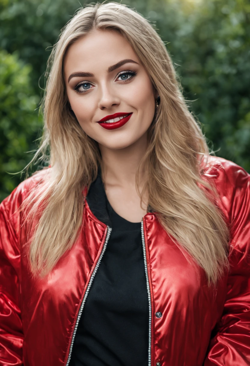 ultrarealistic high quality photo of a beautiful young busty european woman with cute face and natural blonde long straight hair and beautiful smile, realistic eyes, freckles, glossy red lips, smokey eyes makeup, casual clothes with red foil bomber jacket, mugshot outdoor photography, posing in the backyard