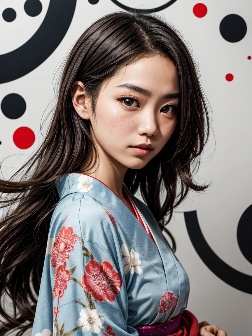 an abstract portrait of a japanese girl in polka dot kimono, centered around polka dot theme background
