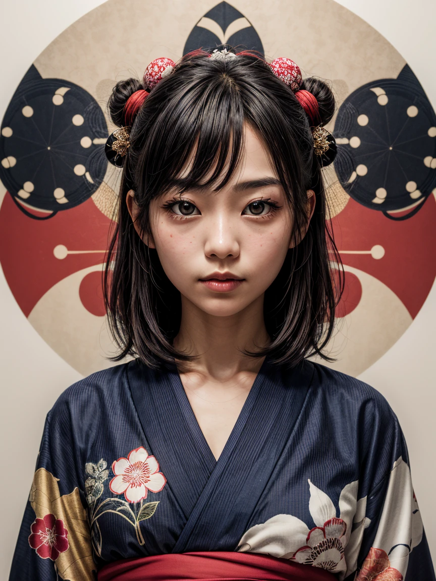 an abstract portrait of a japanese girl in polka dot kimono, centered around polka dot theme background