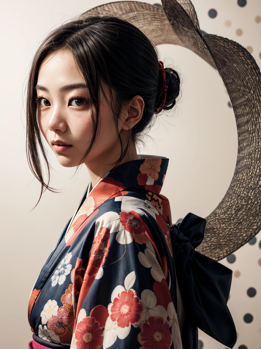 an abstract portrait of a japanese girl in polka dot kimono, centered around polka dot theme background