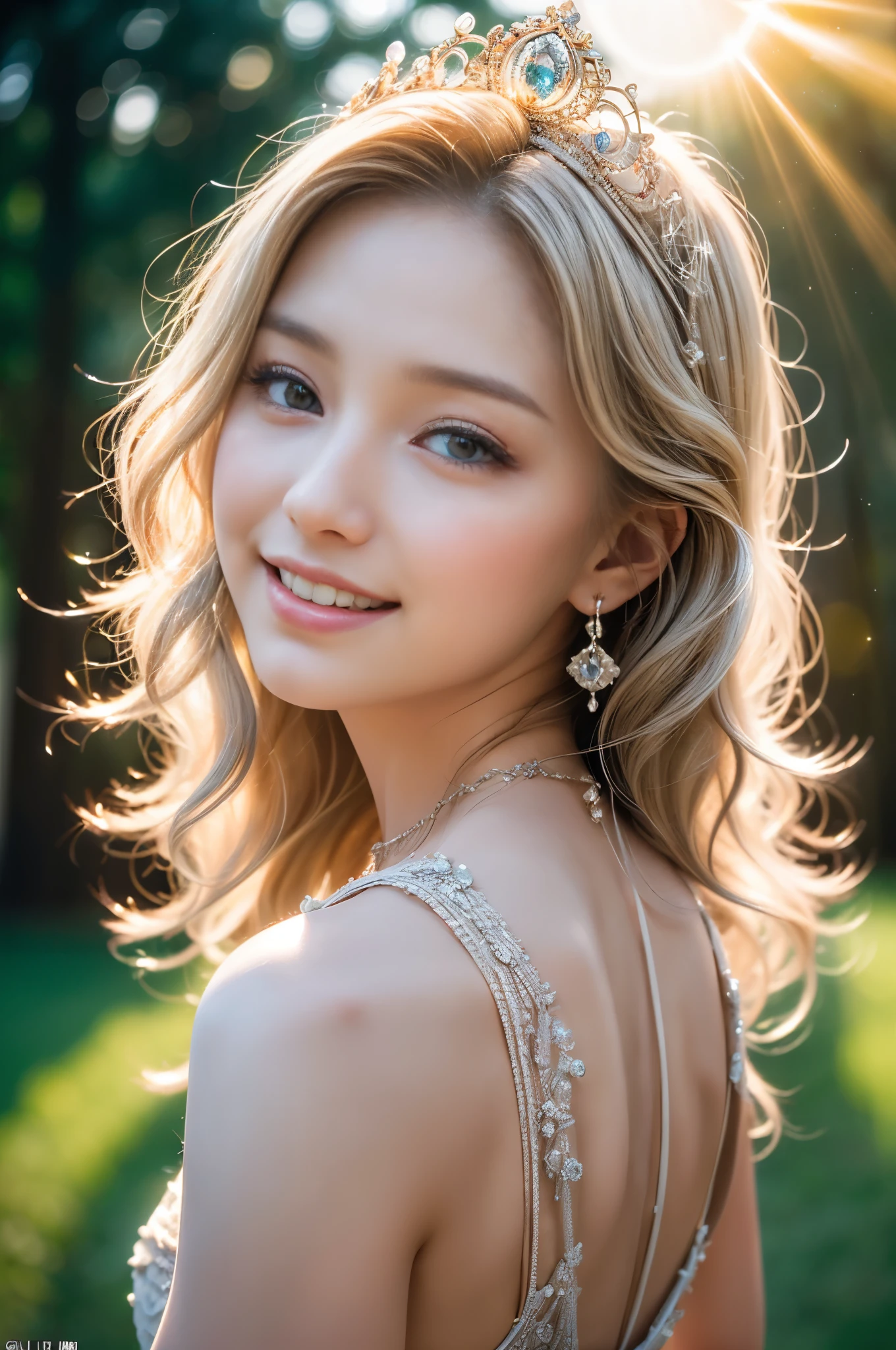 ((RAW shooting:1.5, realistic:1.5, 8K, highest quality, masterpiece, ultra high resolution)), Inside the luxurious British Royal Palace, professional camera work:1.3, Highly detailed skin and facial textures:1.3, glow light effect, Super detailed:1.3, cute 15 year old british princess, Fair skin, Glossy skin, (elegant:1.4, small face), Ultimate Cute Face:1.5, (cute eyes:0.9, looking far away), smile:1.0, (mouth slightly open:0.4, Cute mouth:0.7), double eyelid, ((super long white blonde curly hair)), tiara, necklace and earrings, ((elegantで光沢のあるサテンのプリンセスドレスをオフショルダーで正しく着こなす方法)), big breasts, cowboy shot, ((sunrise, sunlight shining from behind:1.6, Strong sunlight spreads across the screen:1.6)), ((Strong sunlight shines on a woman:1.7))