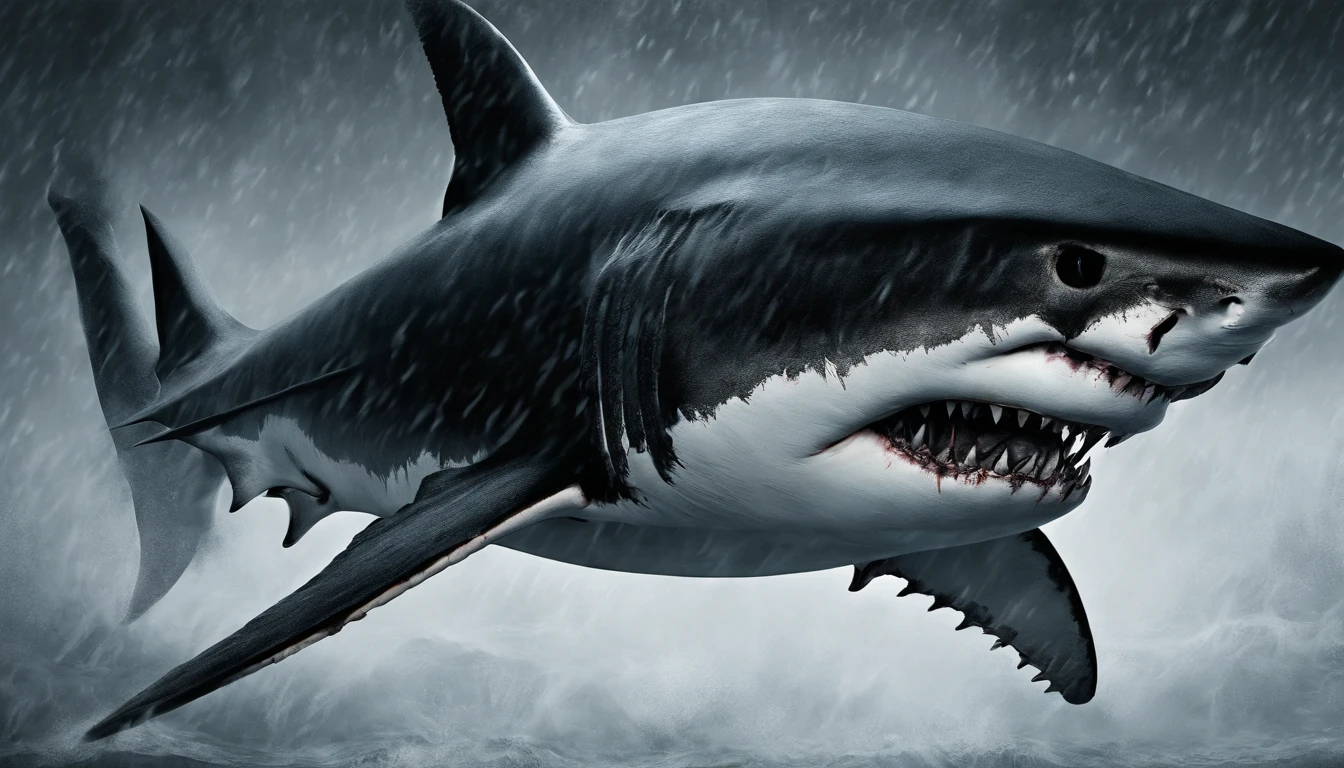 great white shark，ice and snow，Frontal with mouth wide open，Very impactful，best quality，Super fine details