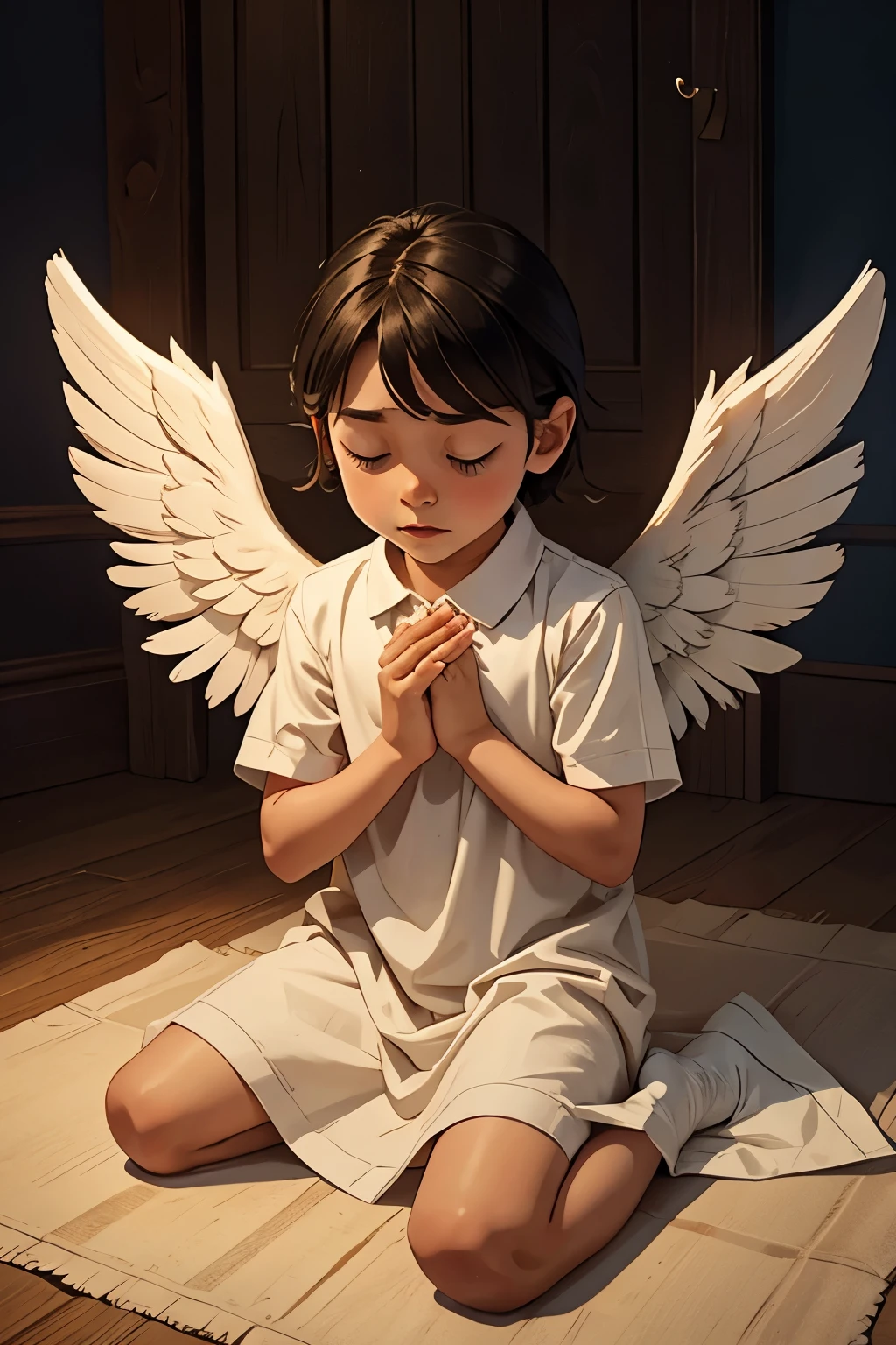 A child praying with his eyes open with angel wings
