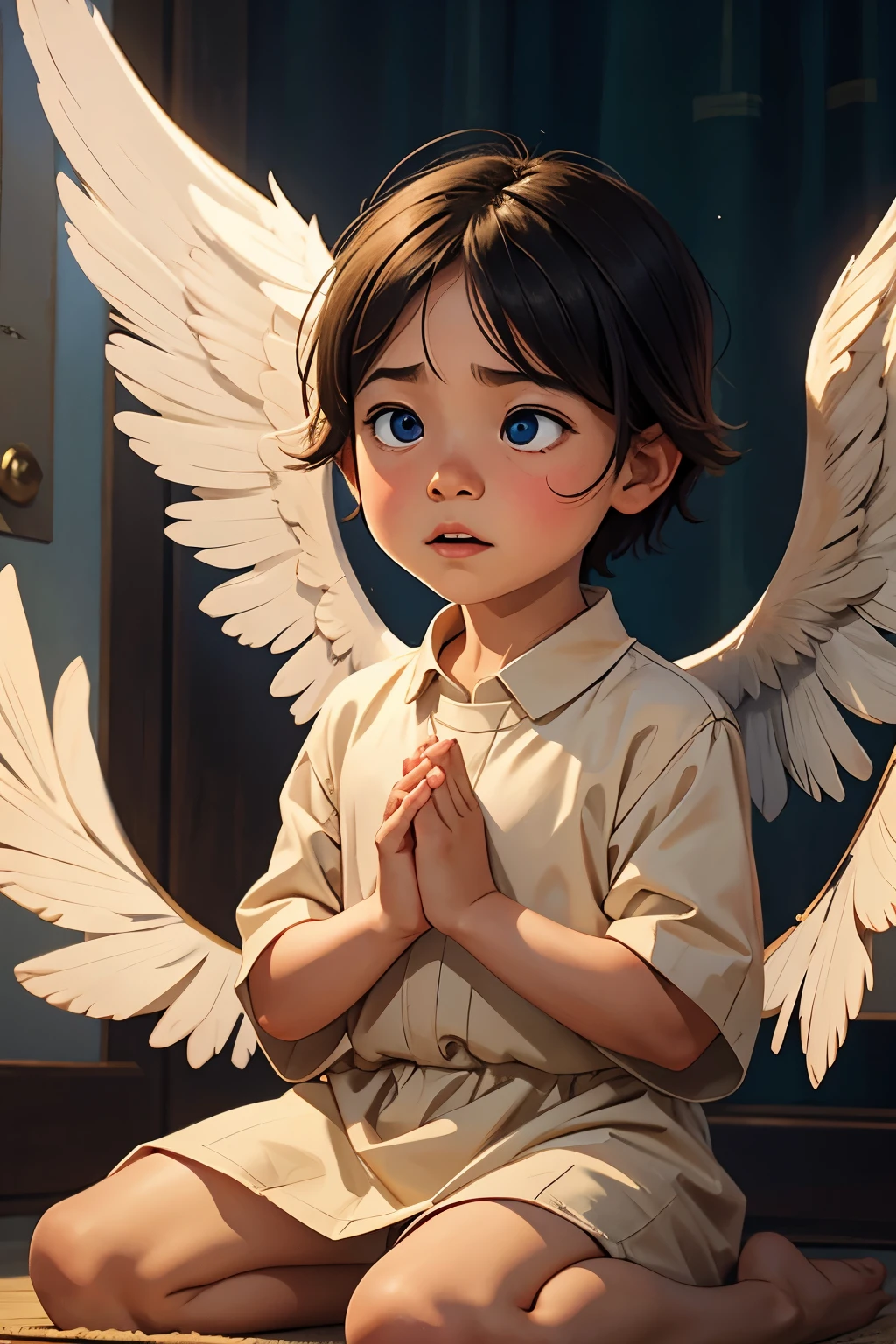 A child praying with his eyes open with angel wings
