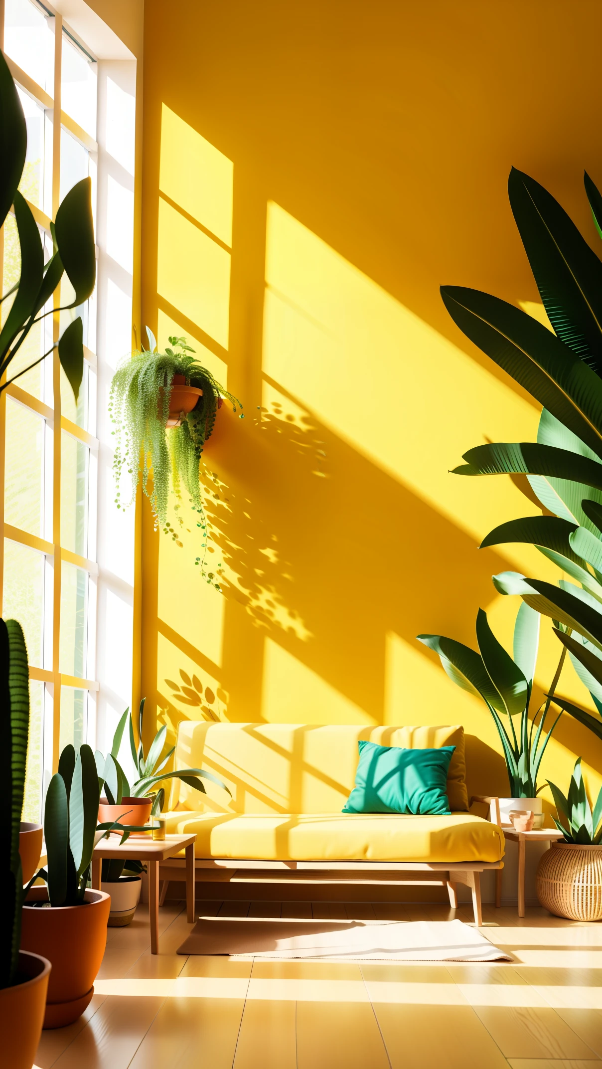 sn,no humans,scenery,plant,window,tree,couch,pillow,table,indoors,wooden floor,potted plant,sunlight,bed,day,painting \(object\),cushion,shadow,yellow, under the sea