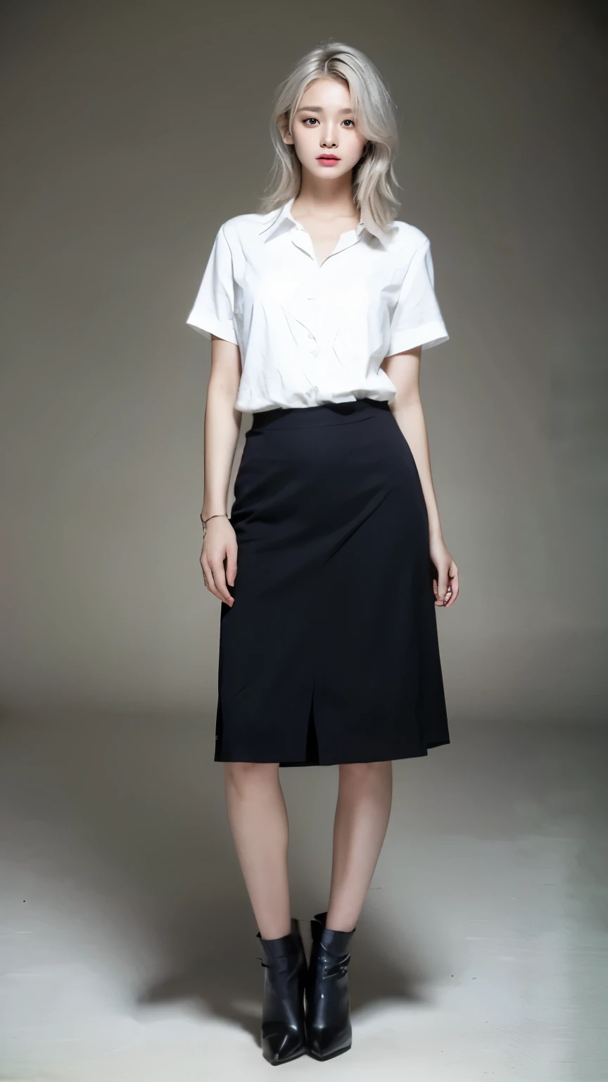Silver-haired woman in professional skirt, 1 full body lady, alone,Standing face-to-face with hands in front of you,photoactual, realism, actual, Humanity