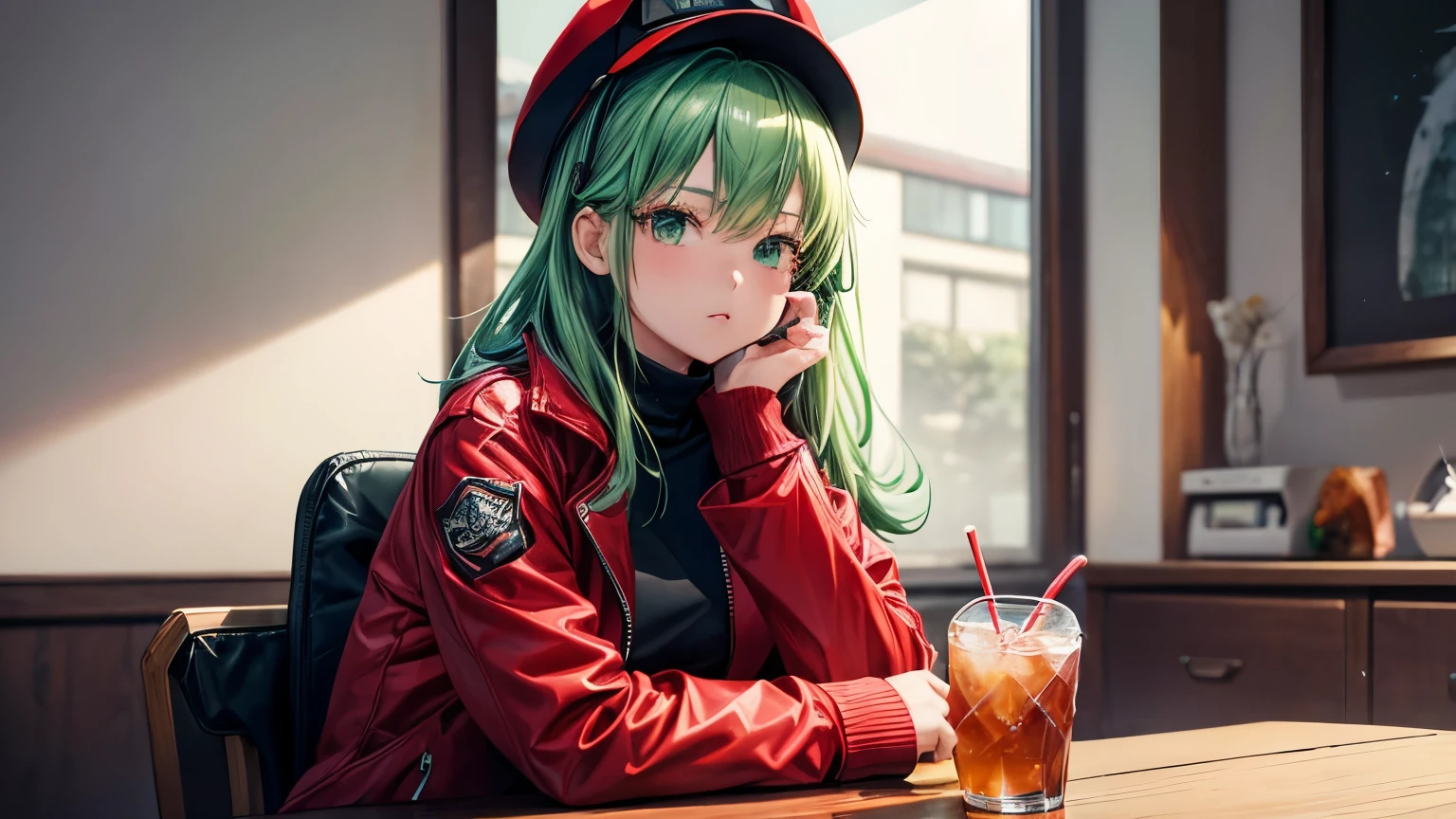 1 girl, casual clothing, red jacket, sitting on the table, having an ice tea, loading screen, white turtle neck, black hat, light green hair