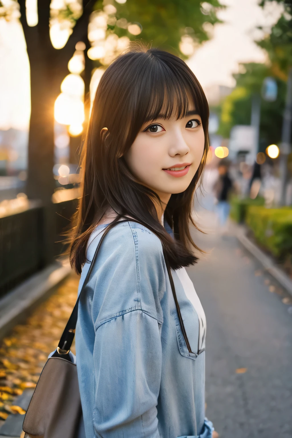 pieces fly, highest quality, portrait of one girl、Pores and skin texture can be checked with high resolution、A walk along the bank in the evening、Plain color、sunset、Image quality of SLR cameras、Sendai Station
