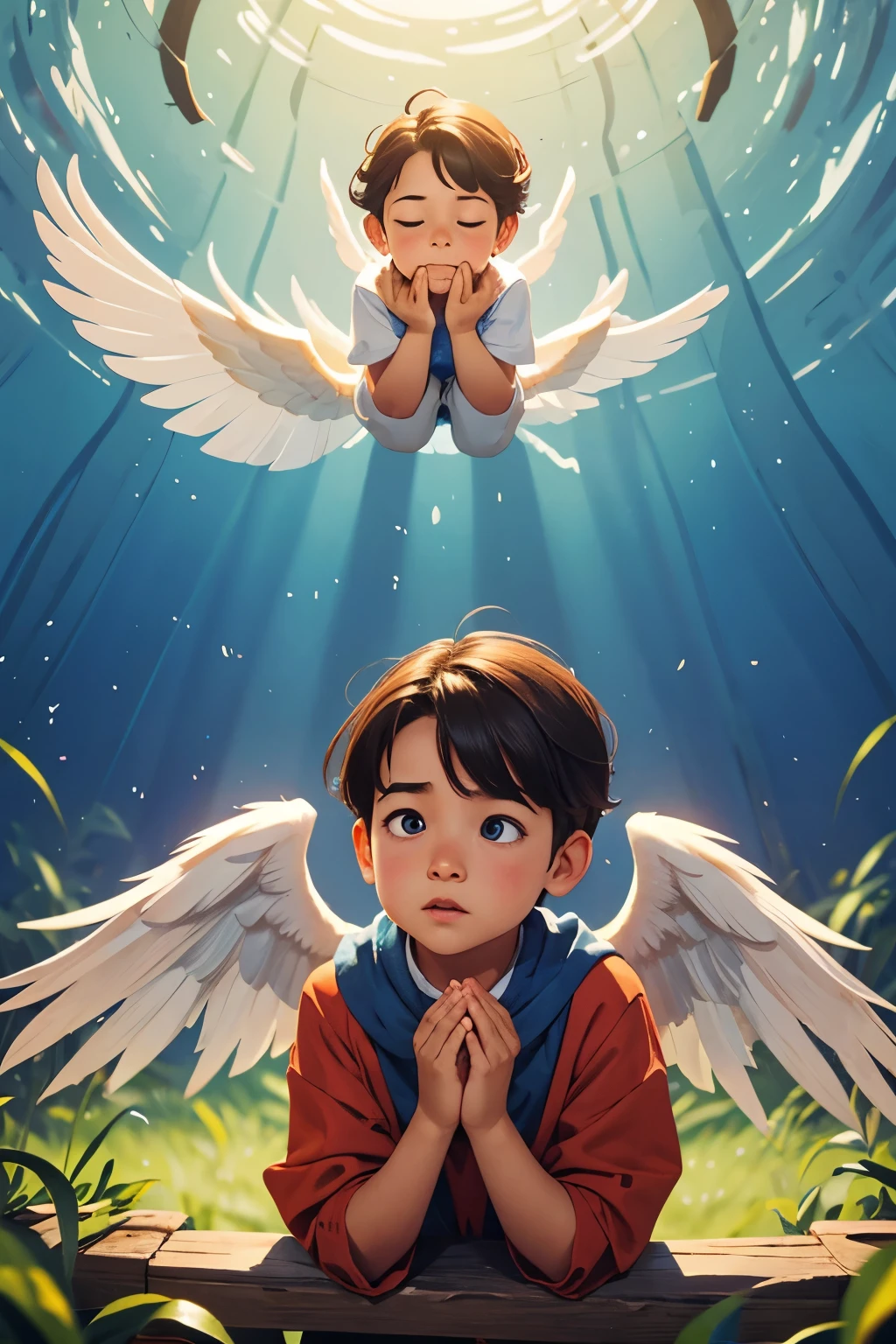 A praying with his eyes open with angel wings