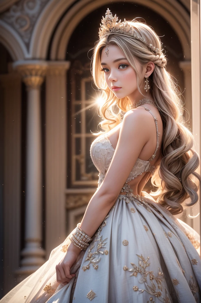 ((RAW shooting:1.5, realistic:1.5, 8K, highest quality, masterpiece, ultra high resolution)), Inside the luxurious British Royal Palace, professional camera work:1.3, Highly detailed skin and facial textures:1.3, glow light effect, Super detailed:1.3, cute 15 year old british princess, Fair skin, Glossy skin, (elegant:1.4, small face), Ultimate Cute Face:1.5, (cute eyes:0.9, looking far away), smile:1.0, (mouth slightly open:0.4, Cute mouth:0.7), double eyelid, ((super long white blonde curly hair)), tiara, necklace and earrings, ((elegantで光沢のあるサテンのプリンセスドレスをオフショルダーで正しく着こなす方法)), big breasts, cowboy shot, ((sunrise, sunlight shining from behind:1.6, Strong sunlight spreads across the screen:1.6)), ((Strong sunlight shines on a woman:1.7))