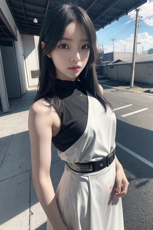 (1 girl:1.3), alone, __body parts__, official art, unified 8k wallpaper, Super detailed, beautiful and aesthetic, beautiful, masterpiece, 最high quality, born, masterpiece, ultra-detailed photos, 最high quality, ultra high resolution, photorealism, sunlight, full body portrait, amazing beauty,, dynamic pose, delicate face, bornきbornきとした目, (from the front), She is wearing a tight-fitting long down vest。 White and black color scheme, Spider, Highly detailed abandoned warehouse background, detailed face, Detailed complex and busy background, Messy, nice, milky, highly detailed skin, realistic skin details, visible pores, sharp focus, volumetric fog, 8K UHD, Digital single-lens reflex camera, high quality, film grain, Fair skin, photorealism, lomography, A dystopian megacity of the future, seen from below, translucent
