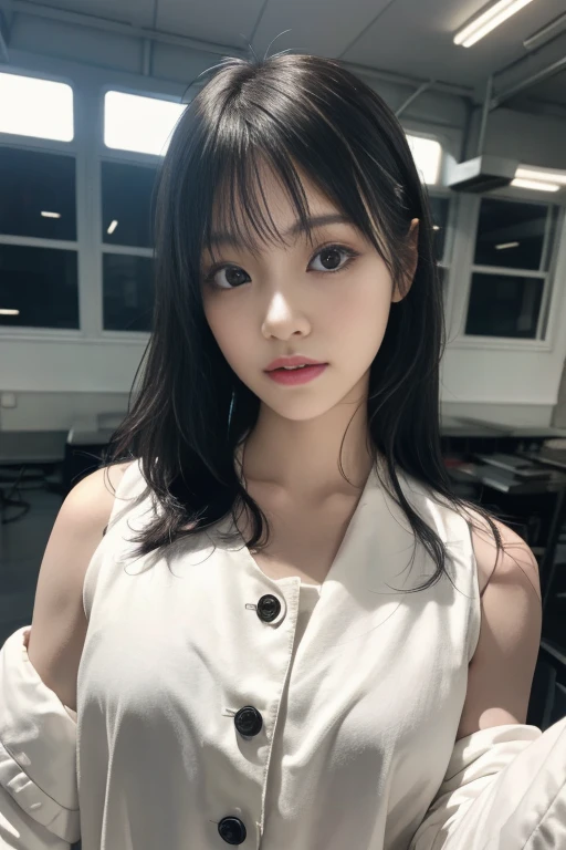 (1 girl:1.3), alone, __body parts__, official art, unified 8k wallpaper, Super detailed, beautiful and aesthetic, beautiful, masterpiece, 最high quality, born, masterpiece, ultra-detailed photos, 最high quality, ultra high resolution, photorealism, sunlight, full body portrait, amazing beauty,, dynamic pose, delicate face, bornきbornきとした目, (from the front), She is wearing a tight-fitting long down vest。 White and black color scheme, Spider, Highly detailed abandoned warehouse background, detailed face, Detailed complex and busy background, Messy, nice, milky, highly detailed skin, realistic skin details, visible pores, sharp focus, volumetric fog, 8K UHD, Digital single-lens reflex camera, high quality, film grain, Fair skin, photorealism, lomography, A dystopian megacity of the future, seen from below, translucent