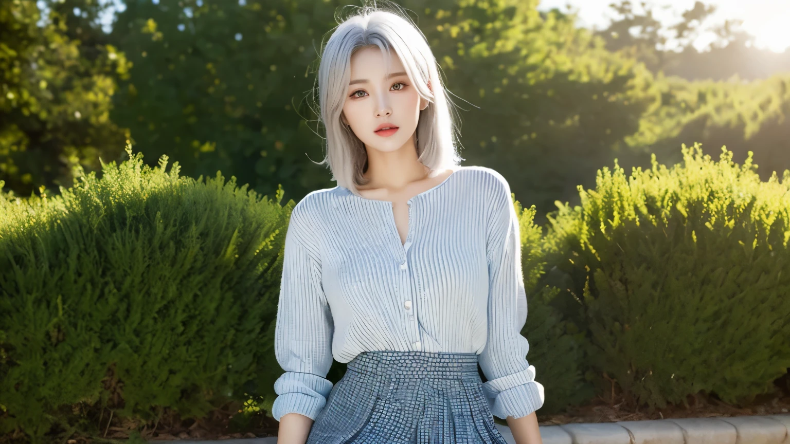 Silver-haired woman in skirt, 1 lady, alone, sun skirt, photoactual, realism, actual, Humanity