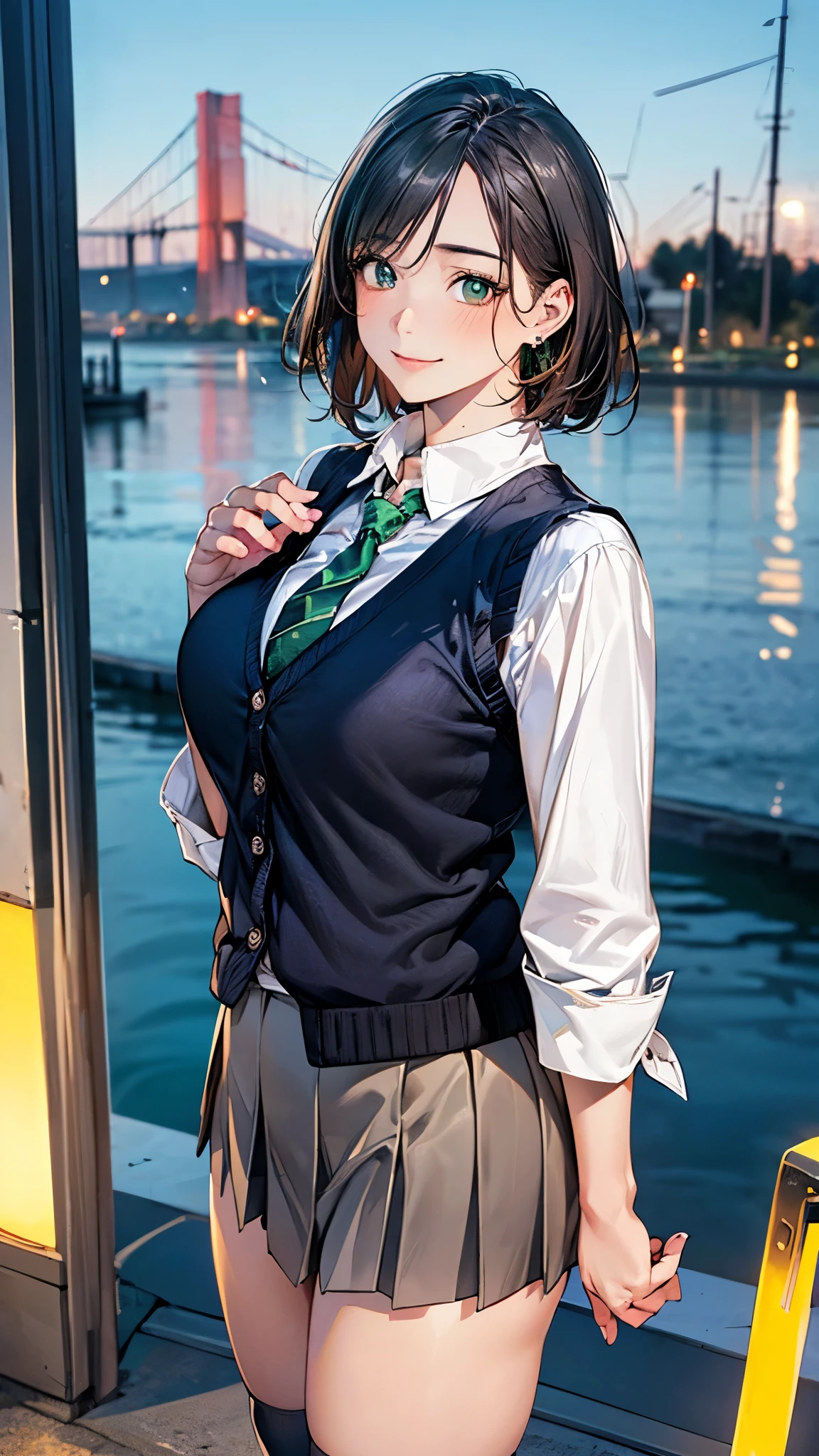 (masterpiece:1.2, top-quality), (realistic, photorealistic:1.4), beautiful illustration, (natural side lighting, movie lighting),
looking at viewer, cowboy shot, front view:0.6, 1 girl, japanese, high school girl, perfect face, cute and symmetrical face, shiny skin,
(short hair:1.7, straight hair:1.5, sidelocks, black hair), parted bangs, emerald green eyes, long eye lasher, (large breasts:0.9, thick thighs),
beautiful hair, beautiful face, beautiful detailed eyes, beautiful clavicle, beautiful body, beautiful chest, beautiful thigh, beautiful legs, beautiful fingers,
((white long sleeve collared shirts, grey pleated mini skirt, navy socks, brown loafers, dark green tie, black cardigan vest)), pink panties,
(beautiful scenery), evening, riverside, walking, hands on chest, (lovely smile, upper eyes),