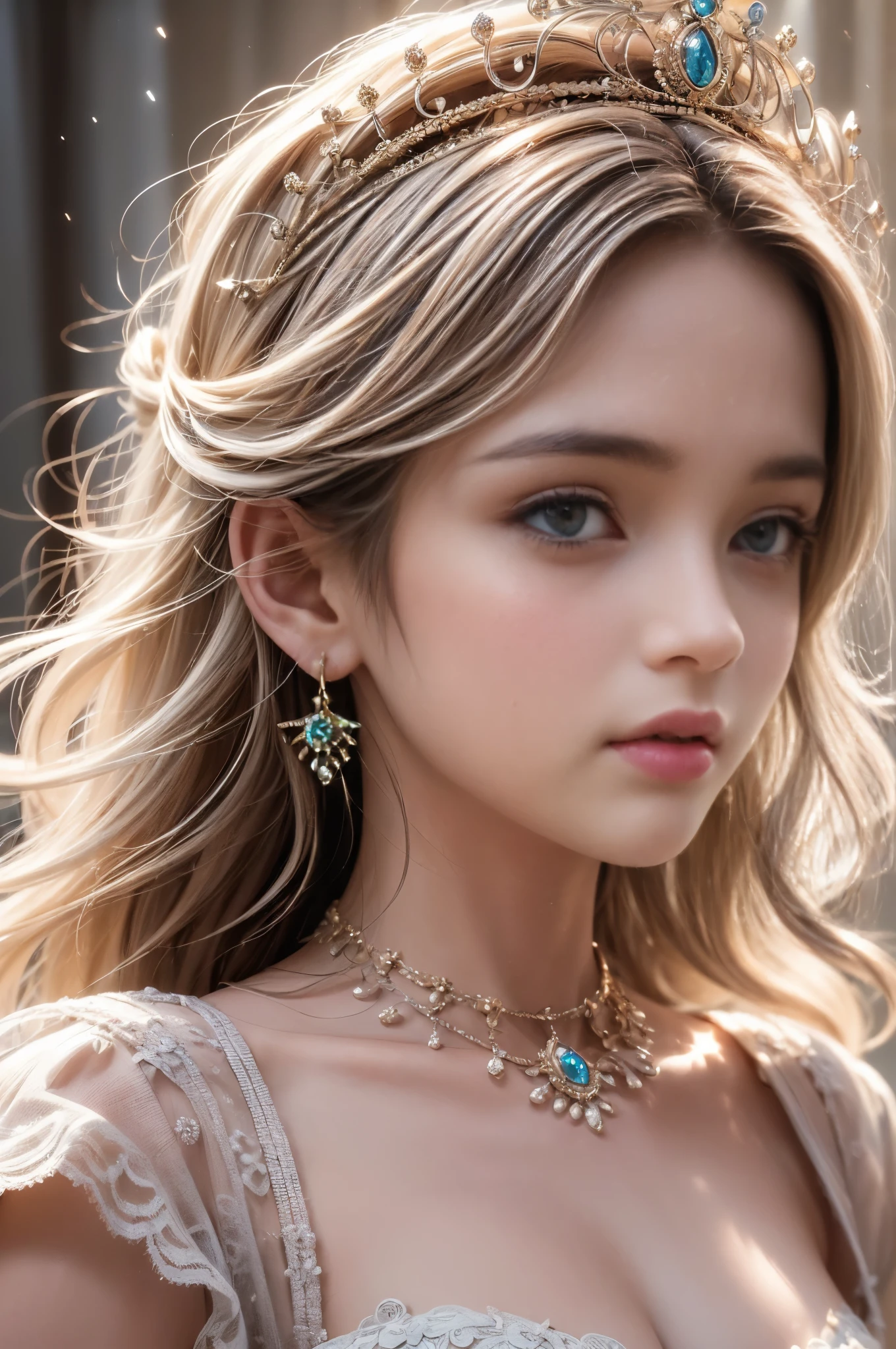 ((RAW shooting:1.5, realistic:1.5, 8K, highest quality, masterpiece, ultra high resolution)), Inside the luxurious British Royal Palace, professional camera work:1.3, Highly detailed skin and facial textures:1.3, glow light effect, Super detailed:1.3, cute 15 year old british princess, Fair skin, Glossy skin, (elegant:1.4, small face), Ultimate Cute Face:1.5, (cute eyes:0.9, looking far away), smile:1.0, (mouth slightly open:0.4, Cute mouth:0.7), double eyelid, ((super long white blonde curly hair)), tiara, necklace and earrings, ((elegantで光沢のあるサテンのプリンセスドレスをオフショルダーで正しく着こなす方法)), big breasts, cowboy shot, ((sunrise, sunlight shining from behind:1.6, Strong sunlight spreads across the screen:1.6)), ((Strong sunlight shines on a woman:1.7))