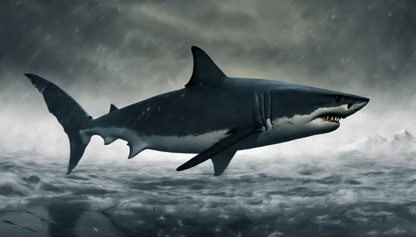 great white shark，ice and snow，Frontal with mouth wide open，Very impactful，best quality，Super fine details