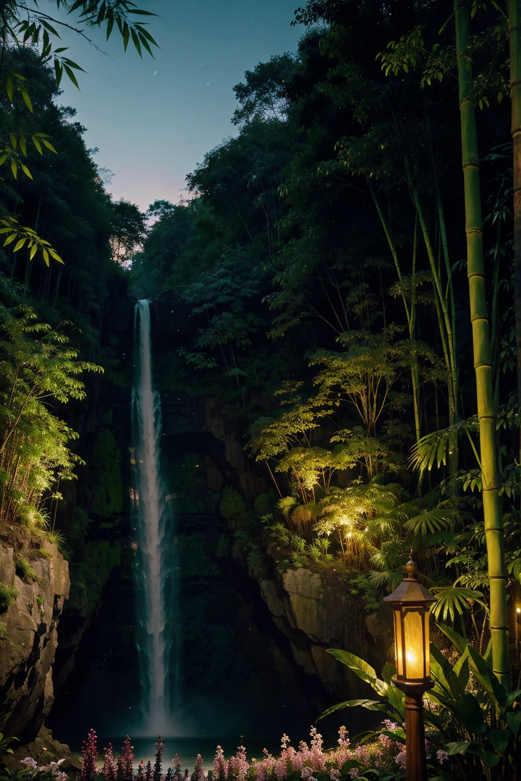 Green bamboo tree, other worldly landscape, vivid colors low saturation, detailed plants, vast waterfall, flowers. twilight. fireflies.