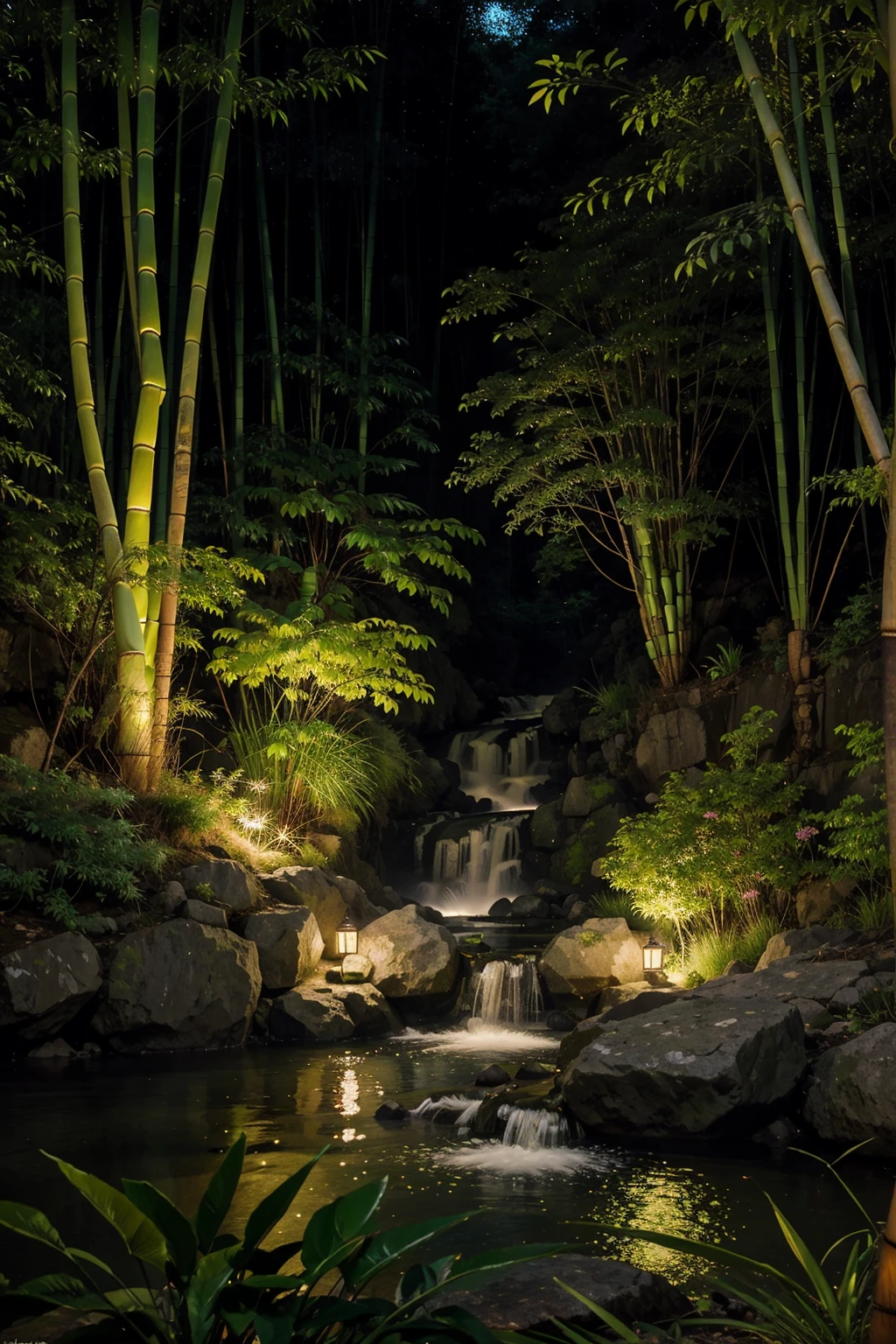Green bamboo tree, other worldly landscape, vivid colors low saturation, detailed plants, vast waterfall, flowers. twilight. fireflies.