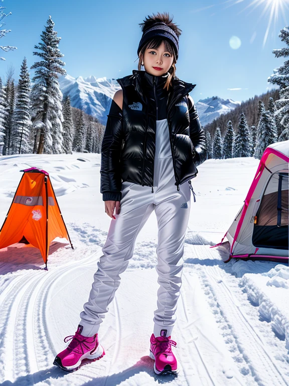 very detailed、masterpiece、Ski Resort Background、a woman in a (white down vest at northface):1.3, white jacket and black pants posing for a picture, model is wearing techtical vest, sportswear, sportswear, かわいいsportswear, nanocarbon-vest, white!!, white coat, tech wear women pictures, 2 techwear women, catalog photo, stylish coat for rave, full body photo, future inflatable jacket, Miko, Kim Woo