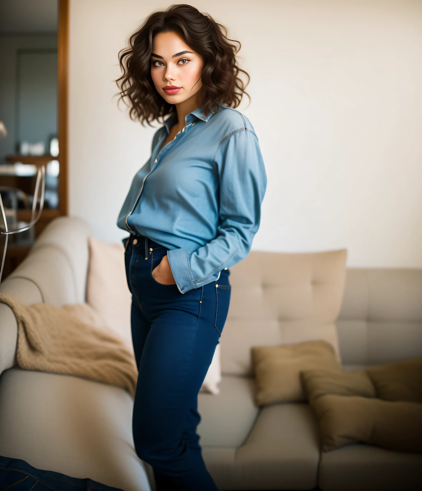 there is a woman standing in front of a sofa in a living room, wearing a shirt and jeans, wearing pants, taken in the late 1980s, vestindo uma blusa jeans longa azul, Cerca de 30 anos, na casa dos 30 anos , vestindo roupas casuais, vestindo jeans duplo. Uma mulher com pele branca e cabelos escuros. Ela tem trinta anos. Seu vermelho, slightly plump lips are like a delicate flower, e ela grande, olhos encantadores parecem conter um mundo de maravilhas. Ela tem 30 anos. Ela tem 162 cm de altura e seu corpo pesa 56 kg. Your body exudes glamor and your face is the definition of beauty. pernas bem torneadas. Altamente realista, pele avermelhada, beautiful lips, sorriso, feeling of lightness and joy, hiperrealismo, pele muito elaborada, olhar direto, trabalho de arte, Foto de alta qualidade, high resolution, 8k.