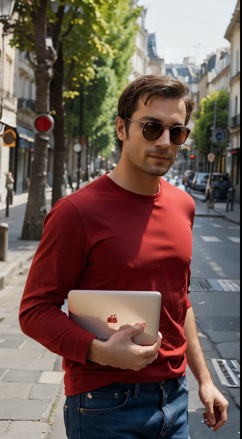 french 30 years old man wearing a red shirt and a jean holding his macbook, walking in Paris, ugly face, sunglasses, sunny day
