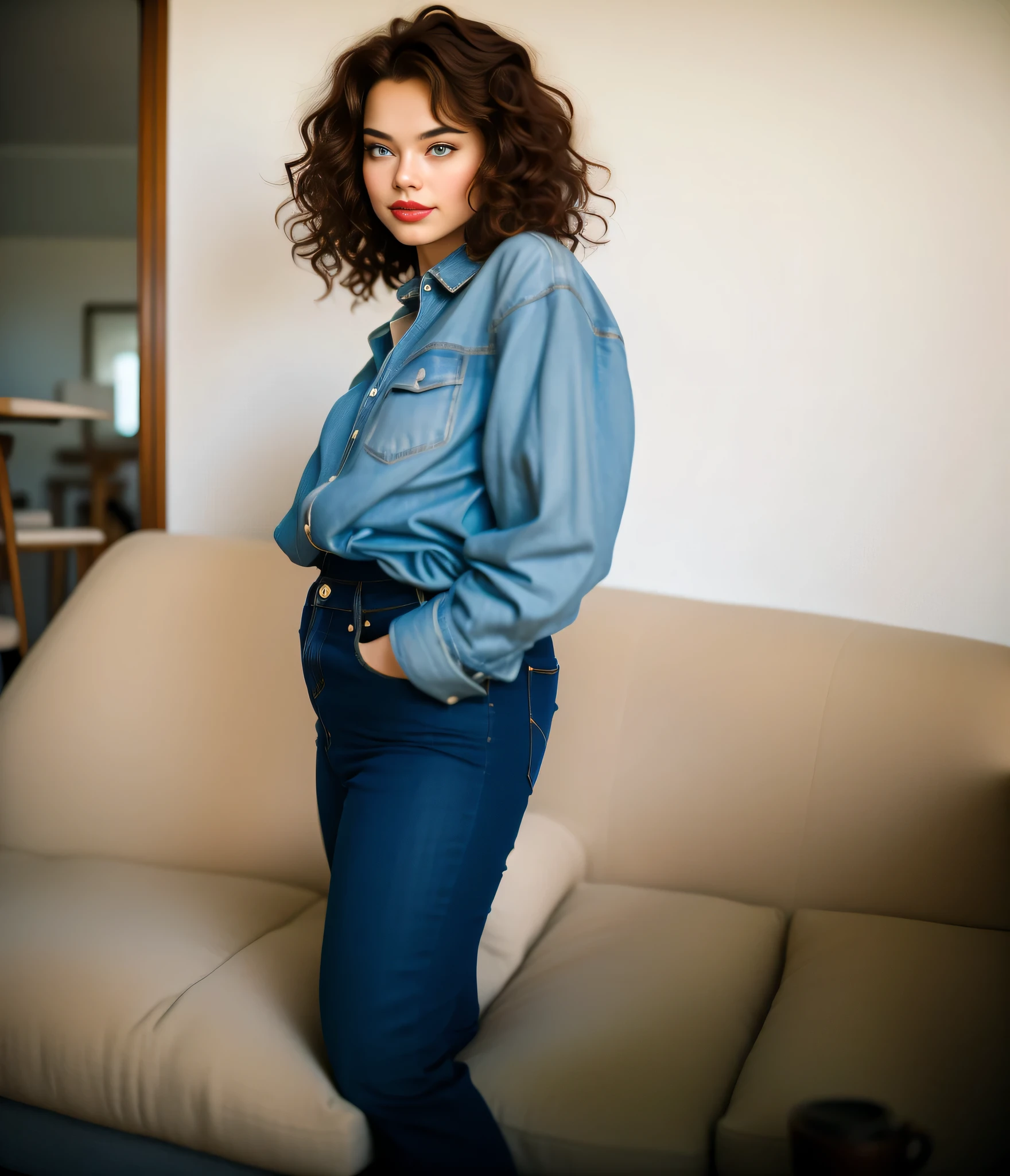 there is a woman standing in front of a sofa in a living room, wearing a shirt and jeans, wearing pants, taken in the late 1980s, vestindo uma blusa jeans longa azul, Cerca de 30 anos, na casa dos 30 anos , vestindo roupas casuais, vestindo jeans duplo. Uma mulher com pele branca e cabelos escuros. Ela tem trinta anos. Seu vermelho, slightly plump lips are like a delicate flower, e ela grande, olhos encantadores parecem conter um mundo de maravilhas. Ela tem 30 anos. Ela tem 162 cm de altura e seu corpo pesa 56 kg. Your body exudes glamor and your face is the definition of beauty. pernas bem torneadas. Altamente realista, pele avermelhada, beautiful lips, sorriso, feeling of lightness and joy, hiperrealismo, pele muito elaborada, olhar direto, trabalho de arte, Foto de alta qualidade, high resolution, 8k.