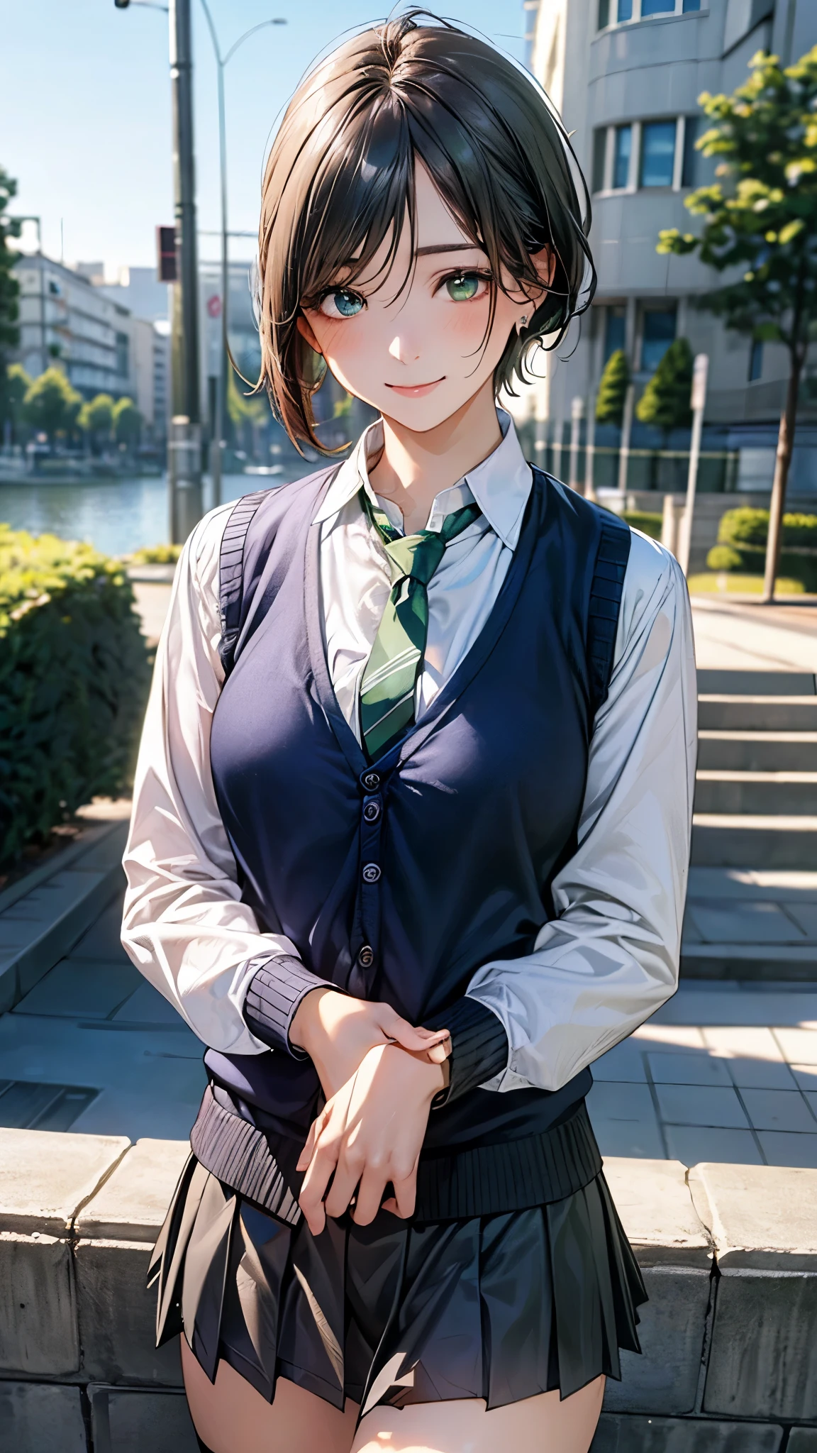 (masterpiece:1.2, top-quality), (realistic, photorealistic:1.4), beautiful illustration, (natural side lighting, movie lighting), 
looking at viewer, cowboy shot, front view:0.6, 1 girl, japanese, high school girl, perfect face, cute and symmetrical face, shiny skin, 
(short hair:1.7, straight hair:1.5, sidelocks, black hair), parted bangs, emerald green eyes, long eye lasher, (large breasts:0.9, thick thighs), 
beautiful hair, beautiful face, beautiful detailed eyes, beautiful clavicle, beautiful body, beautiful chest, beautiful thigh, beautiful legs, beautiful fingers, 
((white long sleeve collared shirts, grey pleated mini skirt, navy socks, brown loafers, dark green tie, black cardigan vest)), pink panties, 
(beautiful scenery), evening, riverside, walking, hands on chest, (lovely smile, upper eyes), 