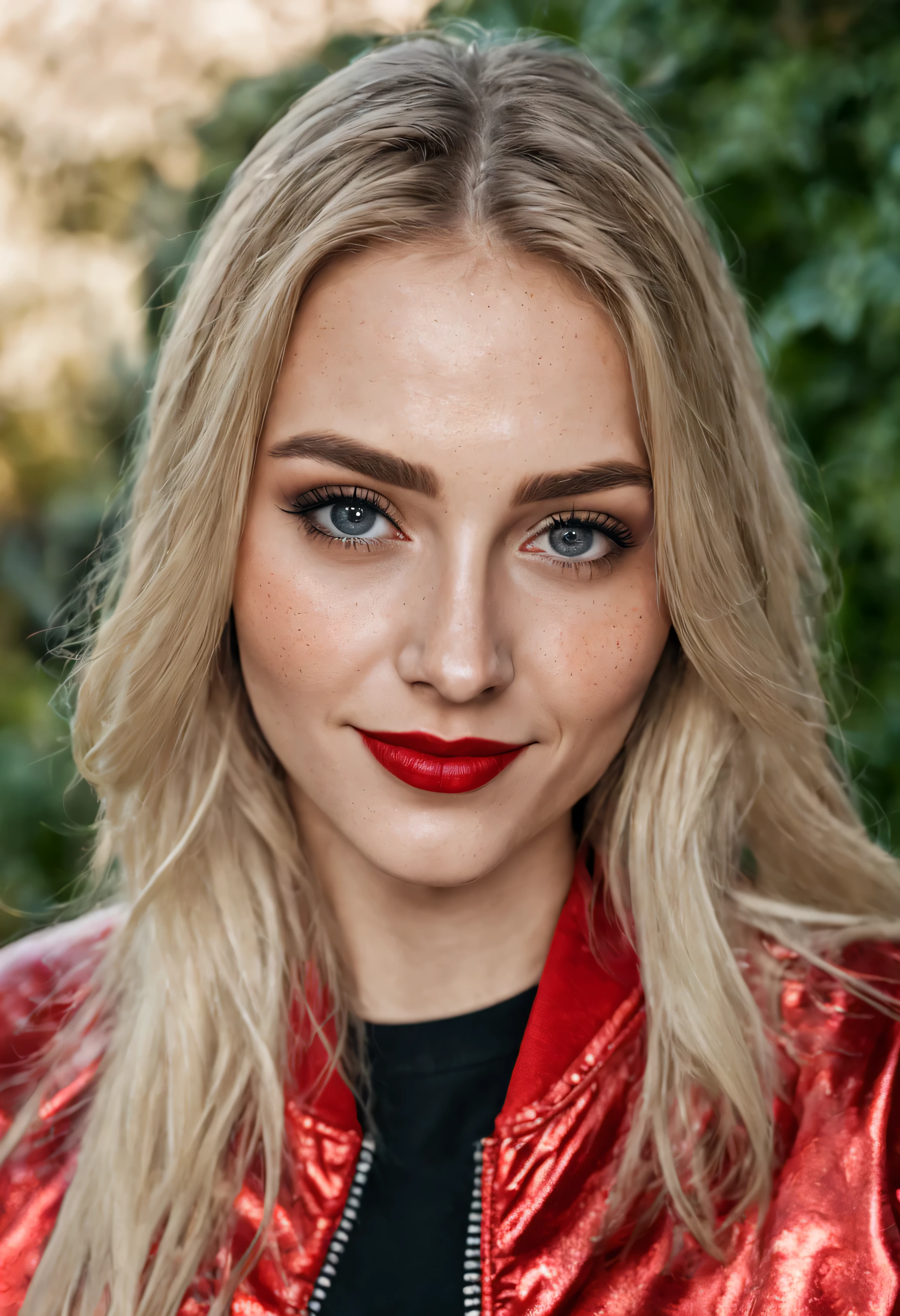 Ultrarealistisches, high quality photo of a beautiful young, busty European woman with a sweet face, of course blonde, langem, straight hair and beautiful smile, realistische Augen, Sommersprossen, shiny red lips, Smokey-Eyes-Make-up, Freizeitkleidung mit roter Folienbomberjacke, Fahndungsfotos im Freien, posiert im Hinterhof