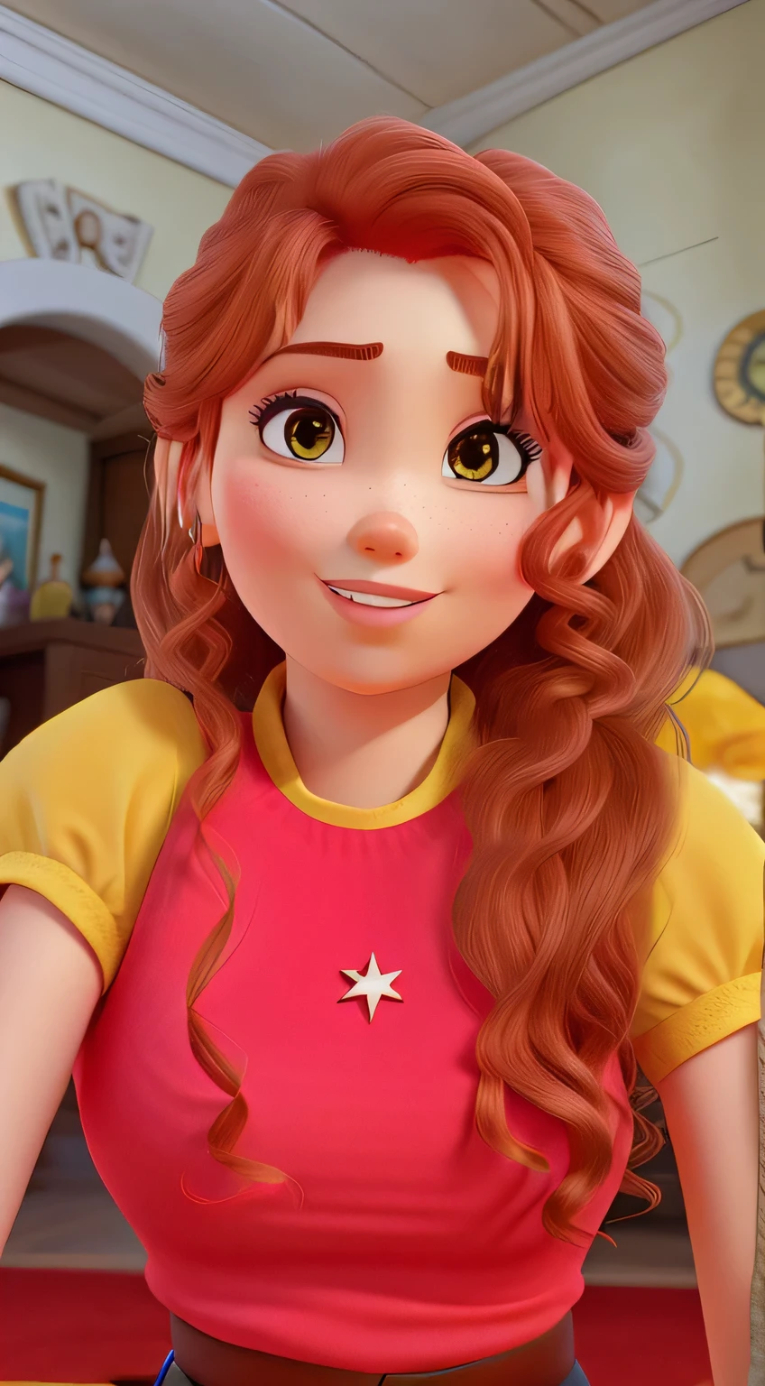 mulher ruiva cacheada, no estilo pixar, dentro de um castelo, alta qualidade, High definition 
