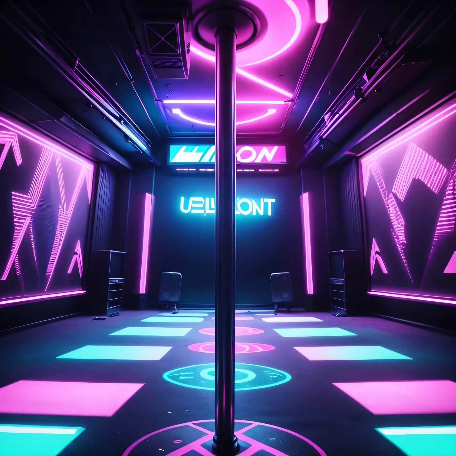 Pole dancing stage in a nightclub with neon lights and signs in the background