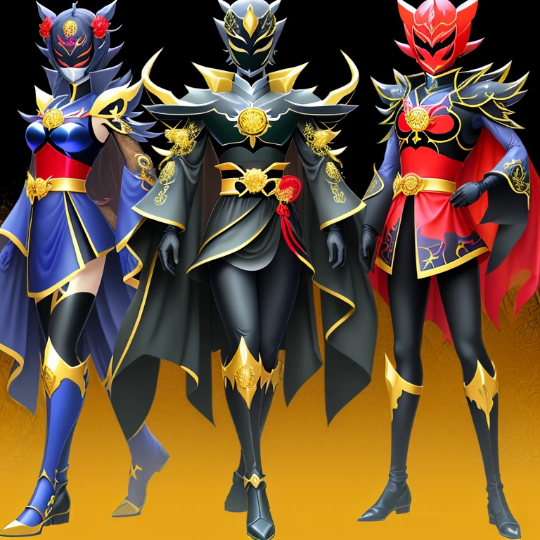 Onmyoji motif、super sentai、woman５people、transformation suit、白拍子モチーフのtransformation suit、Shirahyoshi motif mask、Inverted pentagram on mask、赤いtransformation suit、Red mask、青いtransformation suit、blue mask、黄色のtransformation suit、yellow mask、緑のtransformation suit、green mask、黒のtransformation suit、Black mask、白のtransformation suit、White mask