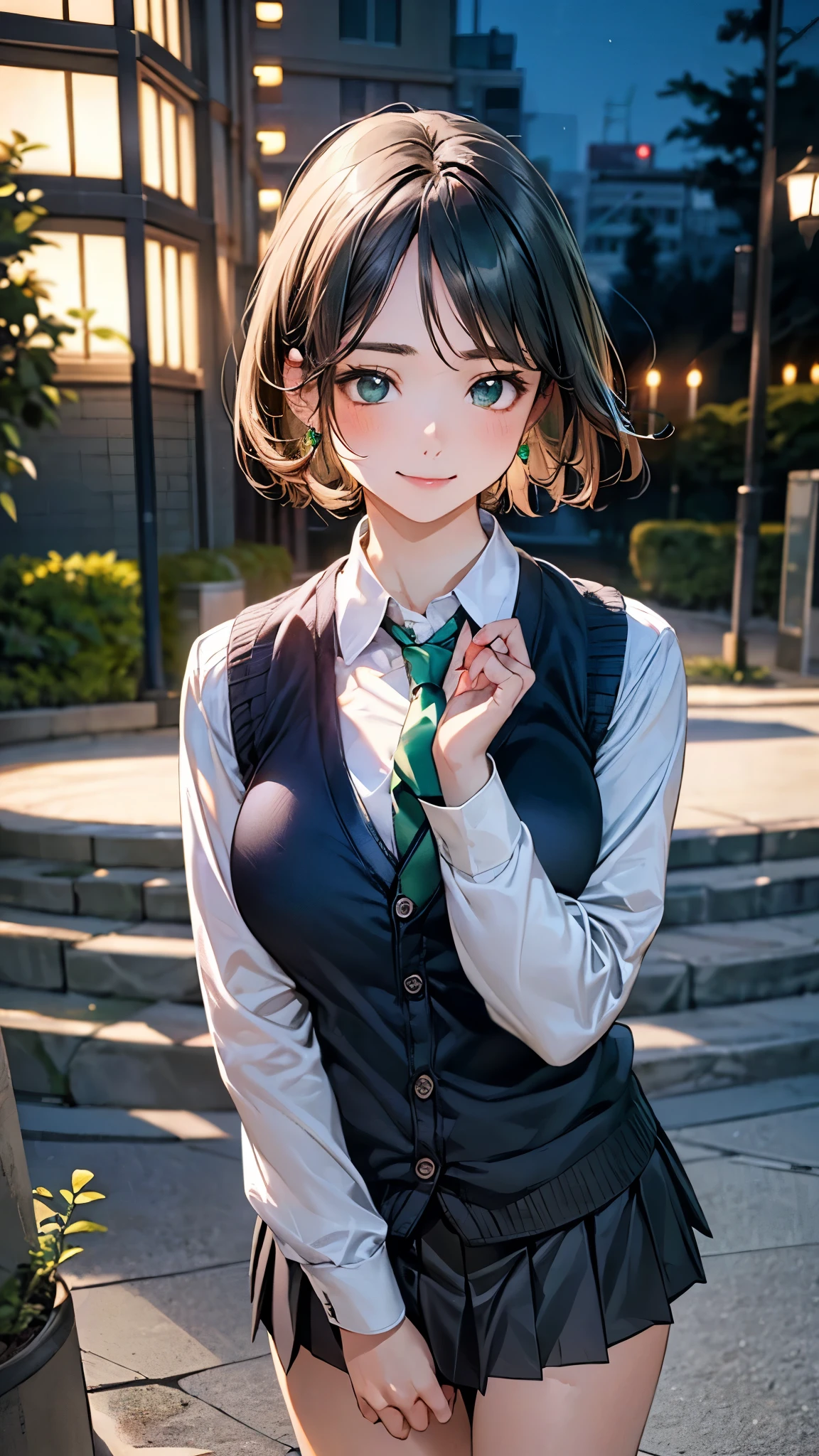 (masterpiece:1.2, top-quality), (realistic, photorealistic:1.4), beautiful illustration, (natural side lighting, movie lighting), 
looking at viewer, cowboy shot, front view:0.6, 1 girl, japanese, high school girl, perfect face, cute and symmetrical face, shiny skin, 
(short hair:1.7, straight hair:1.5, sidelocks, black hair), parted bangs, emerald green eyes, long eye lasher, (large breasts:0.9, thick thighs), 
beautiful hair, beautiful face, beautiful detailed eyes, beautiful clavicle, beautiful body, beautiful chest, beautiful thigh, beautiful legs, beautiful fingers, 
((white long sleeve collared shirts, grey pleated mini skirt, navy socks, brown loafers, dark green tie, black cardigan vest)), pink panties, 
(beautiful scenery), evening, riverside, walking, hands on chest, (lovely smile, upper eyes), 