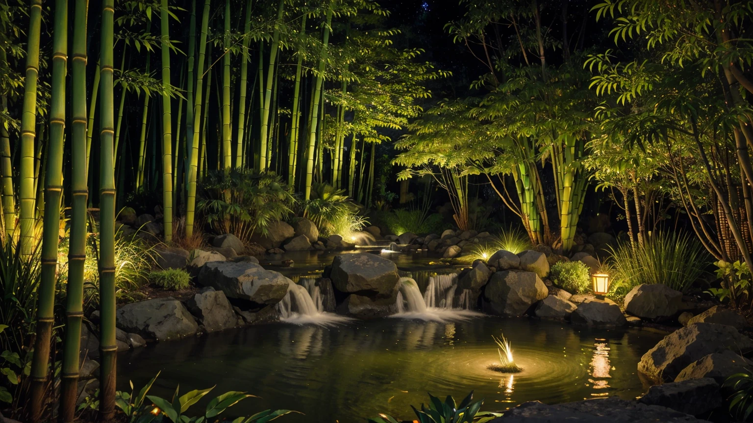 Green bamboo tree, other worldly landscape, vivid colors low saturation, detailed plants, vast waterfall, flowers. twilight. fireflies.