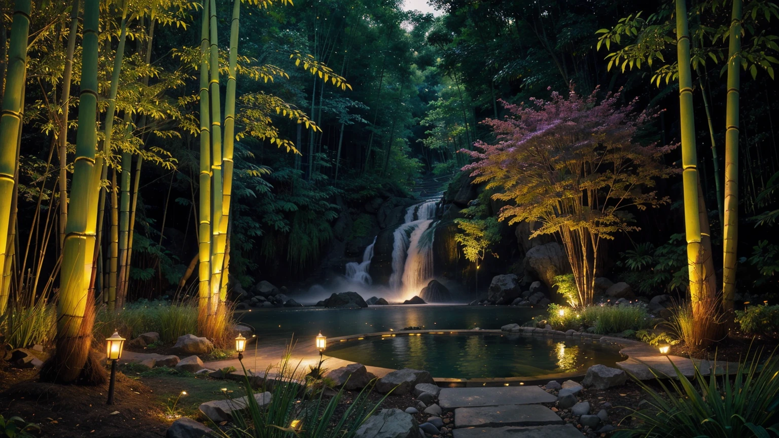 Green bamboo tree, other worldly landscape, vivid colors low saturation, detailed plants, vast waterfall, flowers. twilight. fireflies.